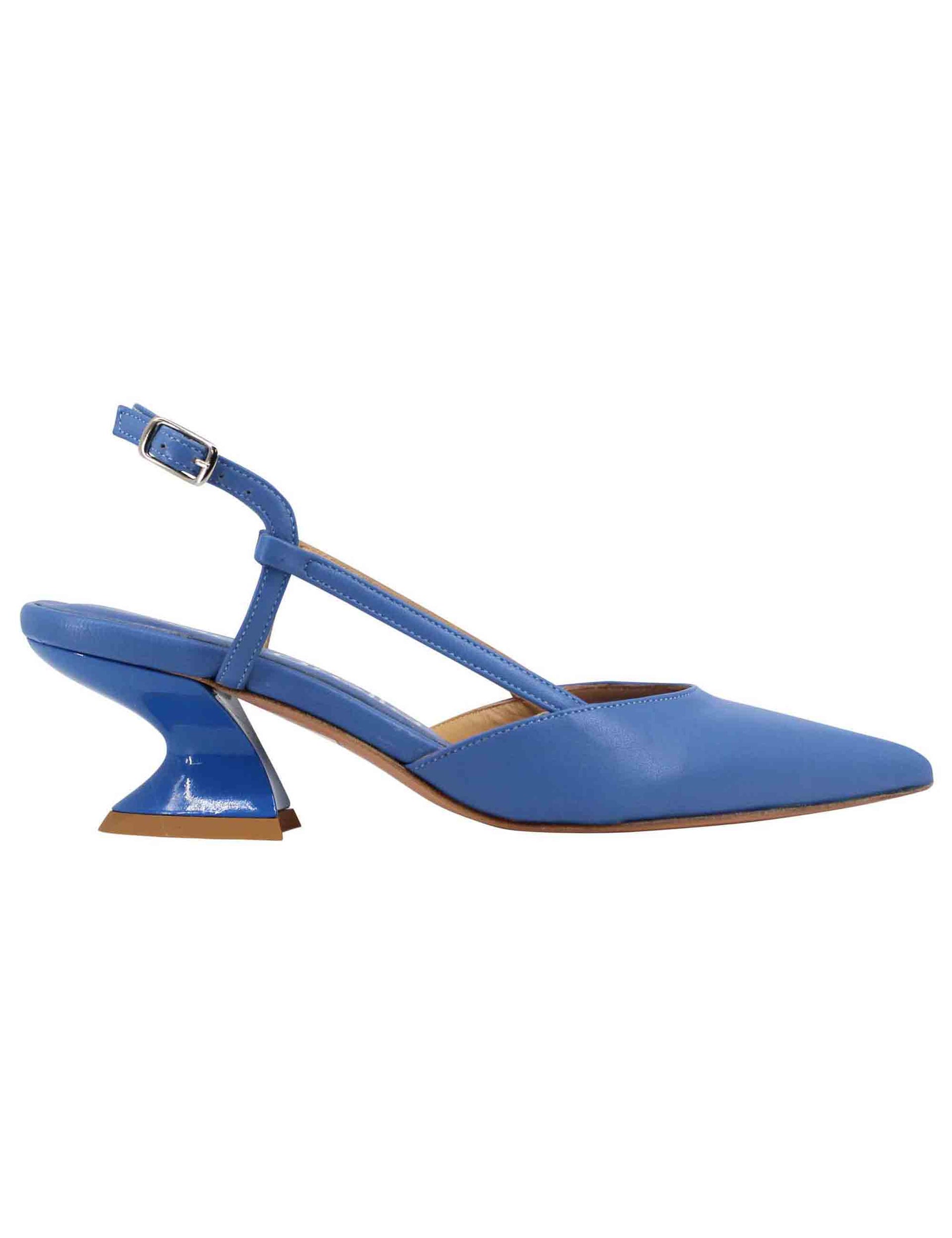 Women's slingback pumps in blue leather with wedge heel