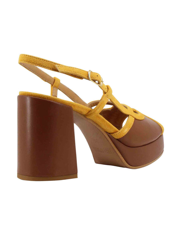 Sandali slingback donna in camoscio giallo e pelle cuoio con tacco alto e plateau SP857 049 Spatarella 