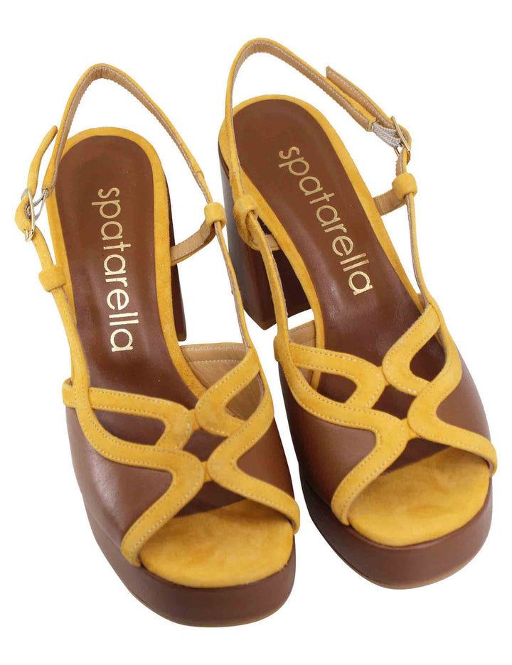 Sandali slingback donna in camoscio giallo e pelle cuoio con tacco alto e plateau SP857 049 Spatarella 