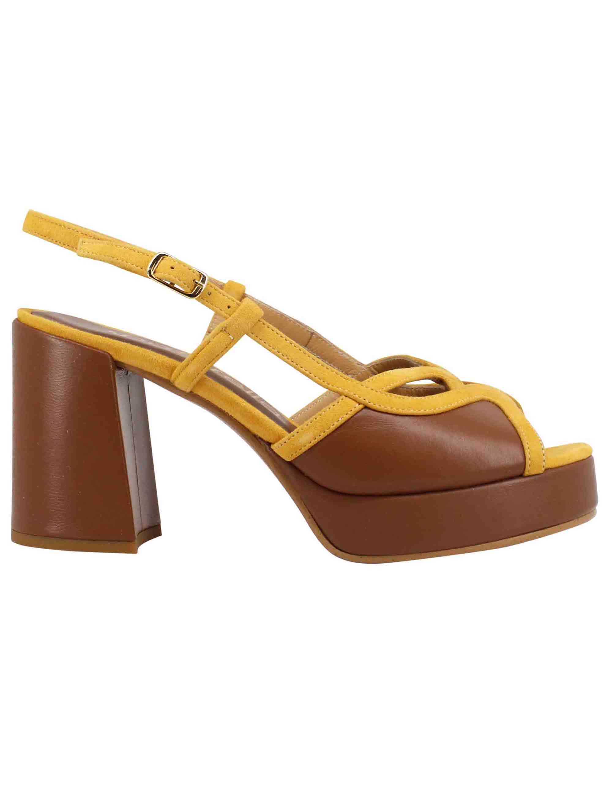 Spatarella Sandali slingback donna in camoscio giallo e pelle cuoio con tacco alto e plateau