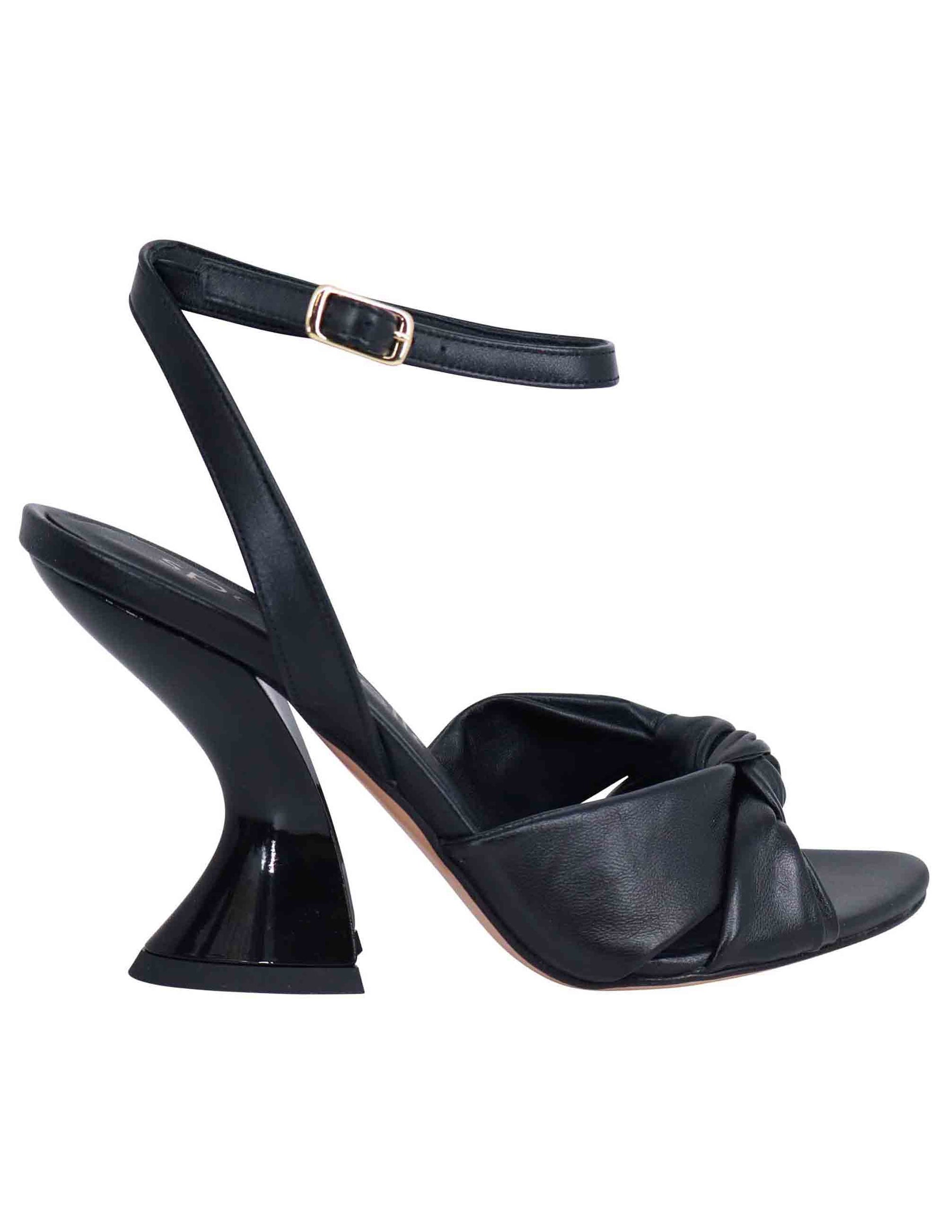 Women's black leather sandals with high heel and ankle strap