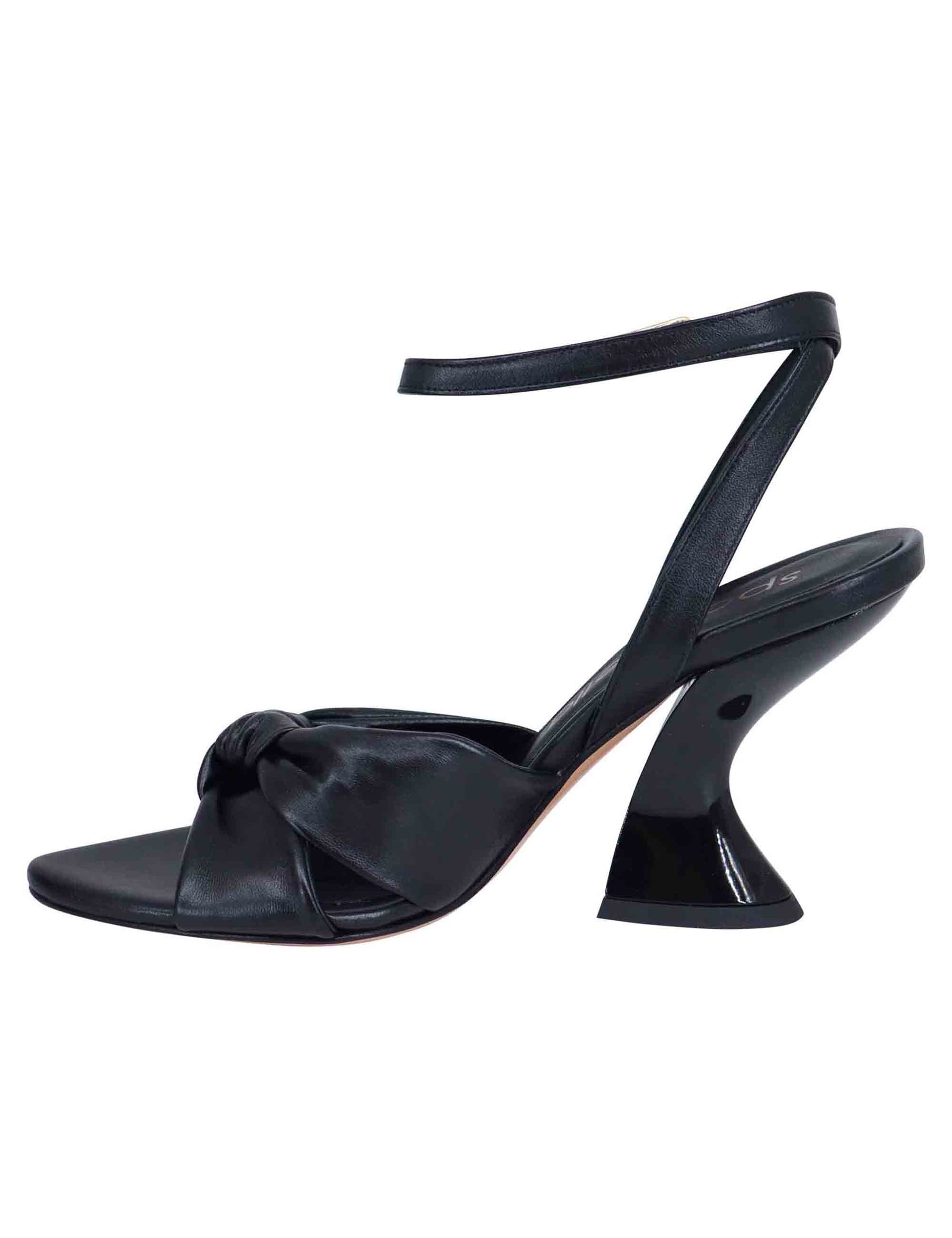 Women's black leather sandals with high heel and ankle strap