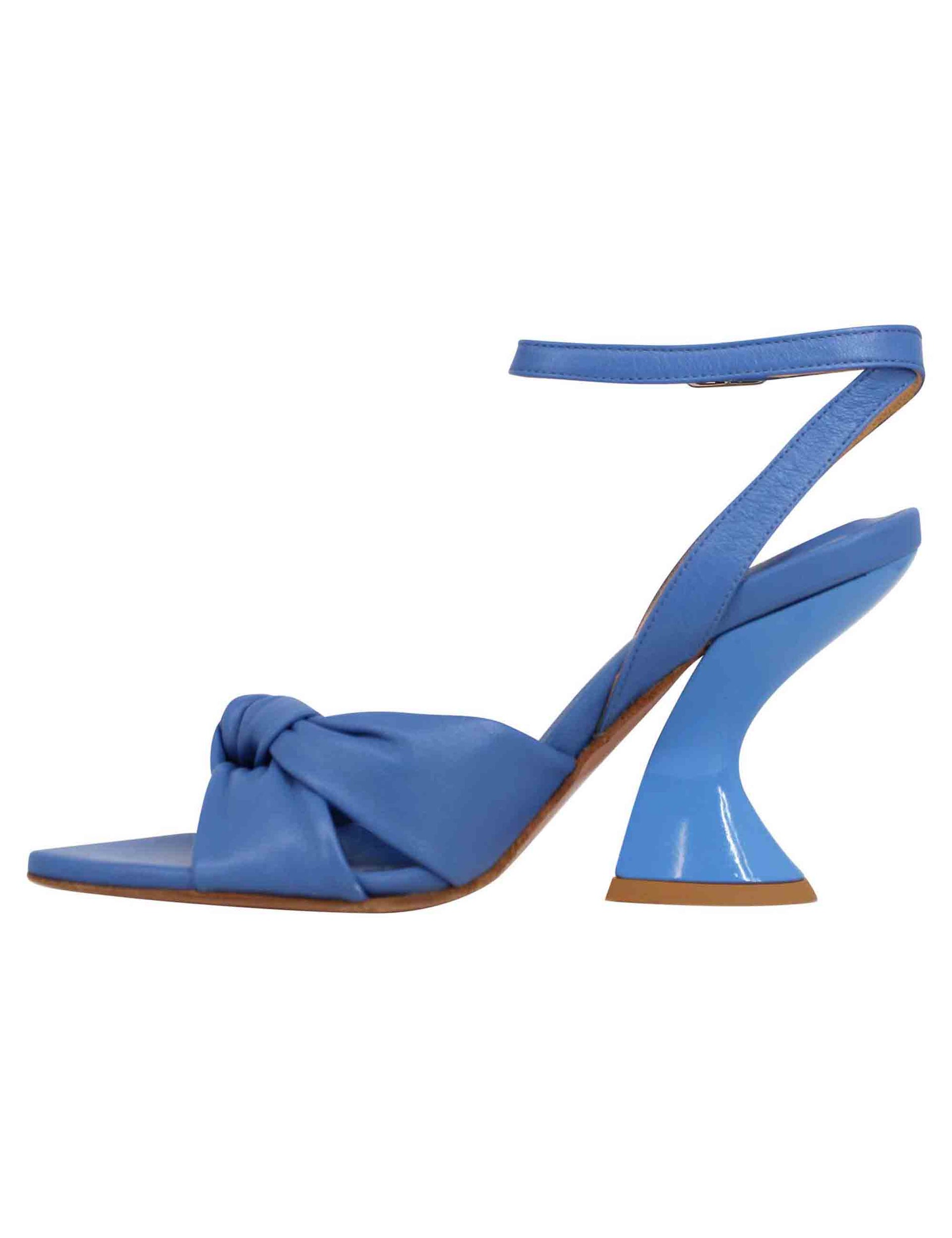 Women's blue leather sandals with high heel and ankle strap