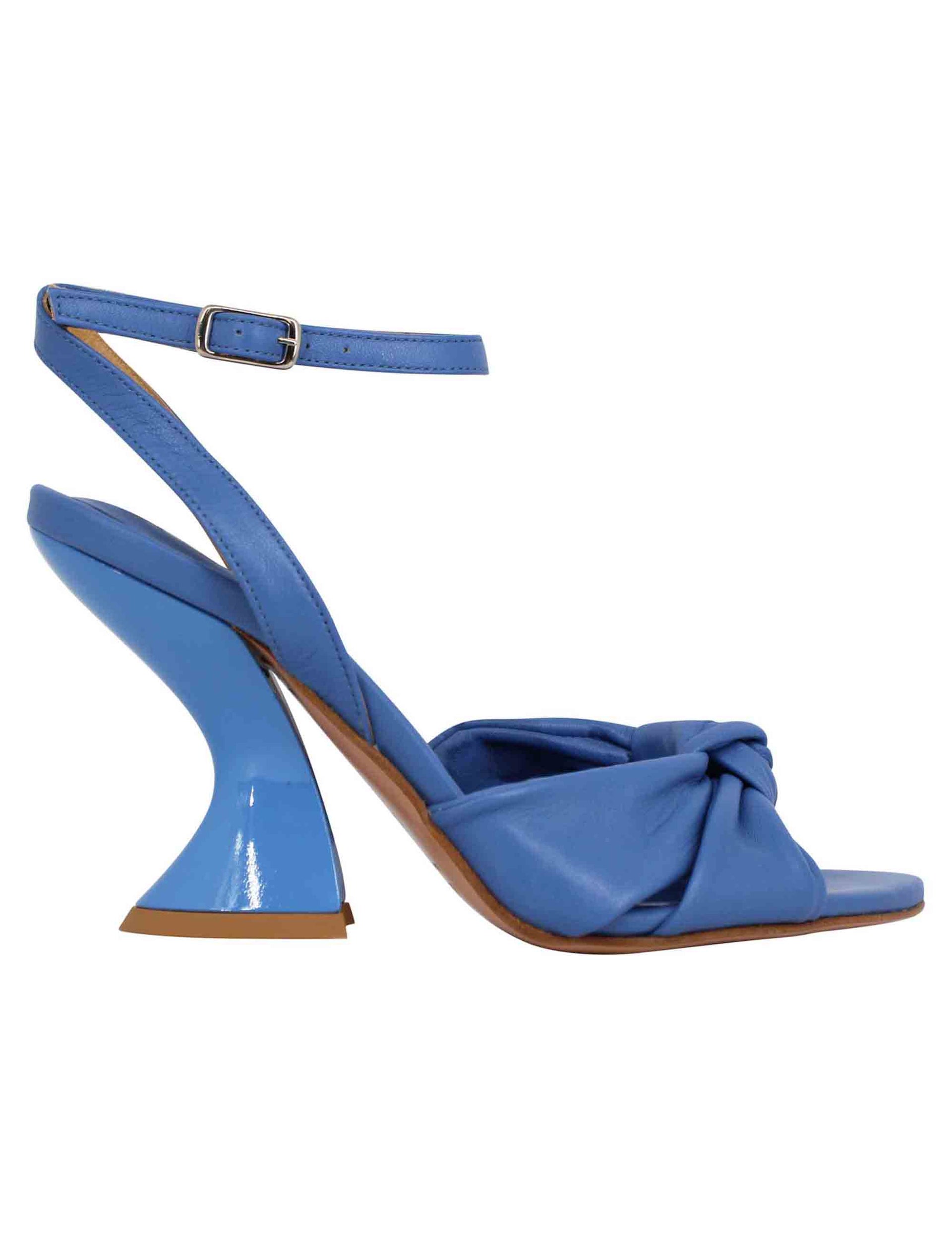Women's blue leather sandals with high heel and ankle strap
