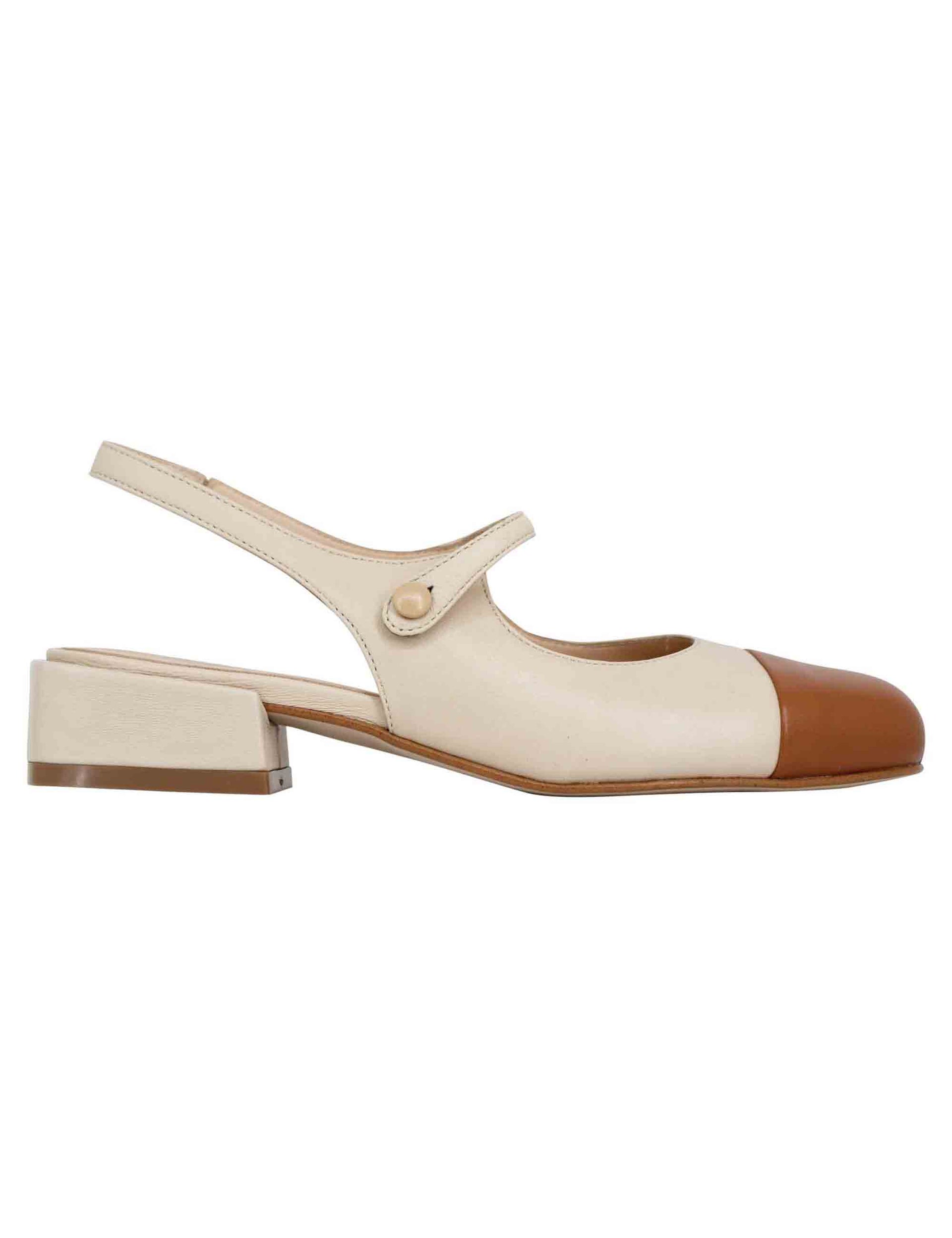 Women's slingback pumps in two-tone beige leather with camel toe cap