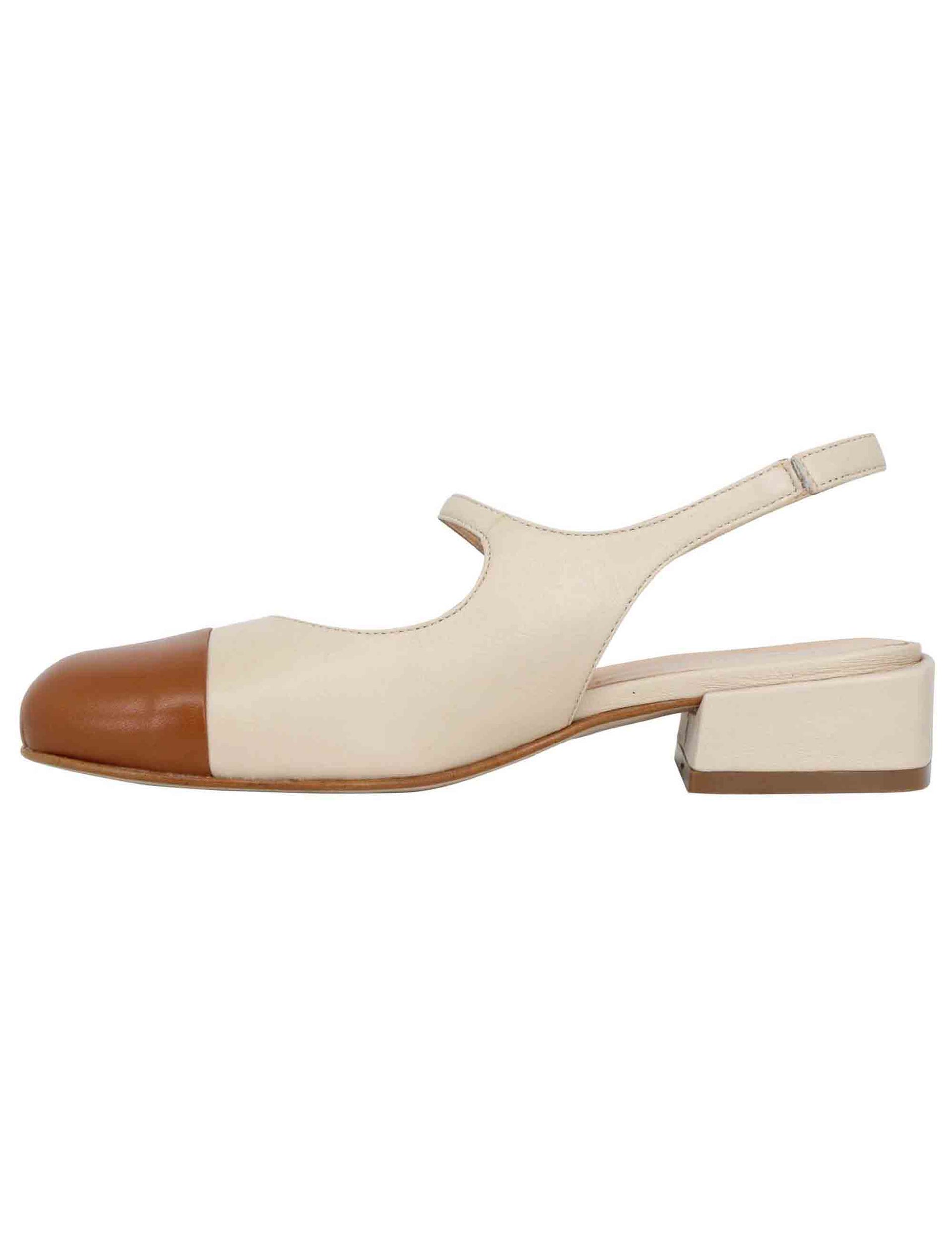 Women's slingback pumps in two-tone beige leather with camel toe cap