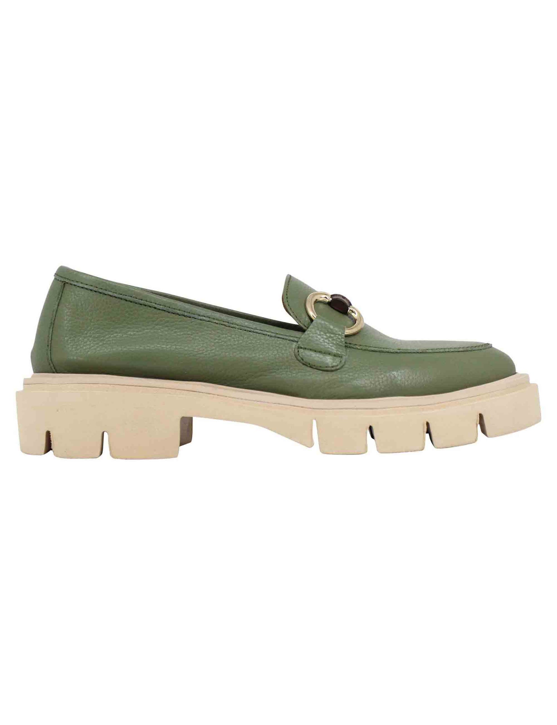 Women's green leather moccasins with light lug sole