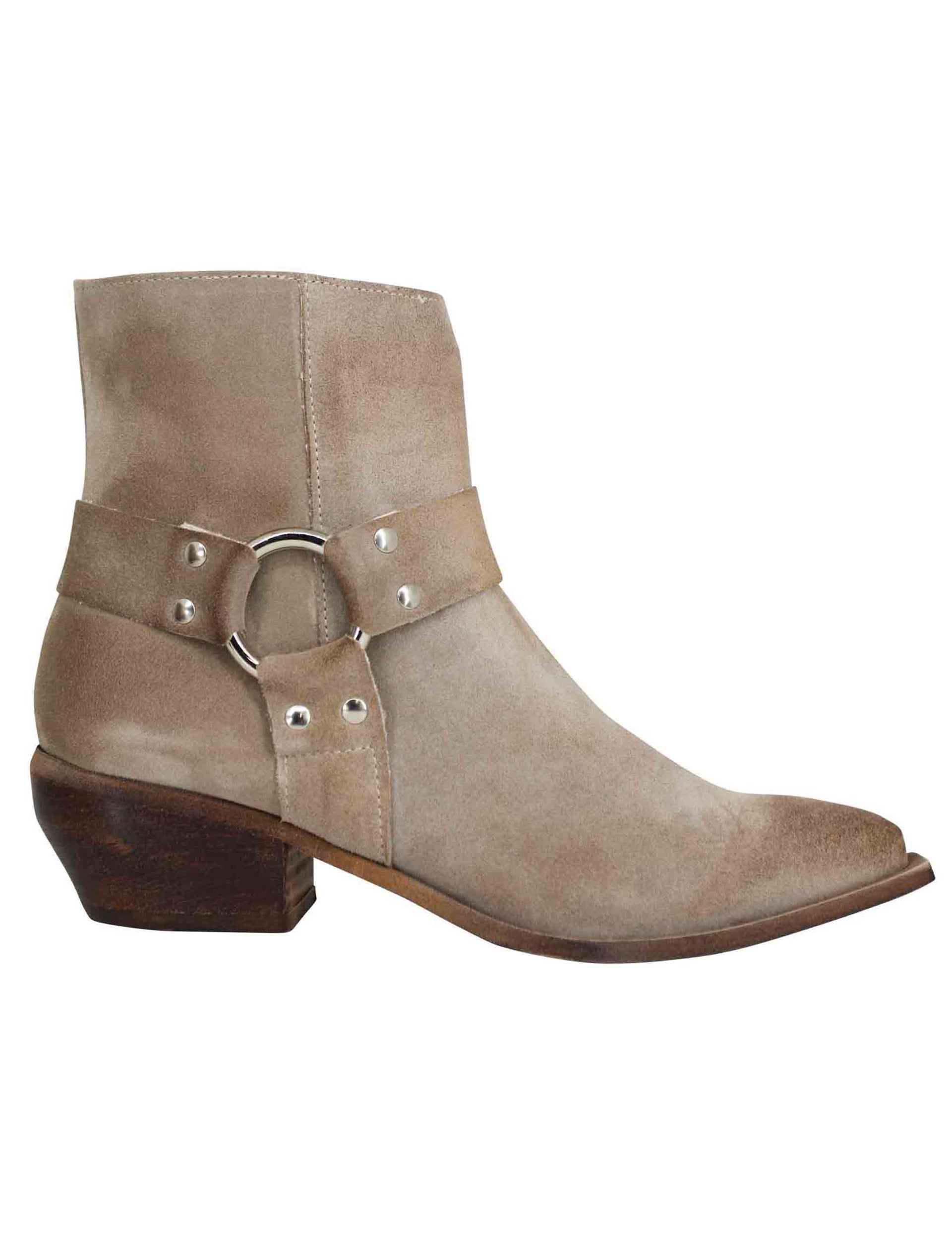 Women's Texan boots in vintage beige suede with side accessory