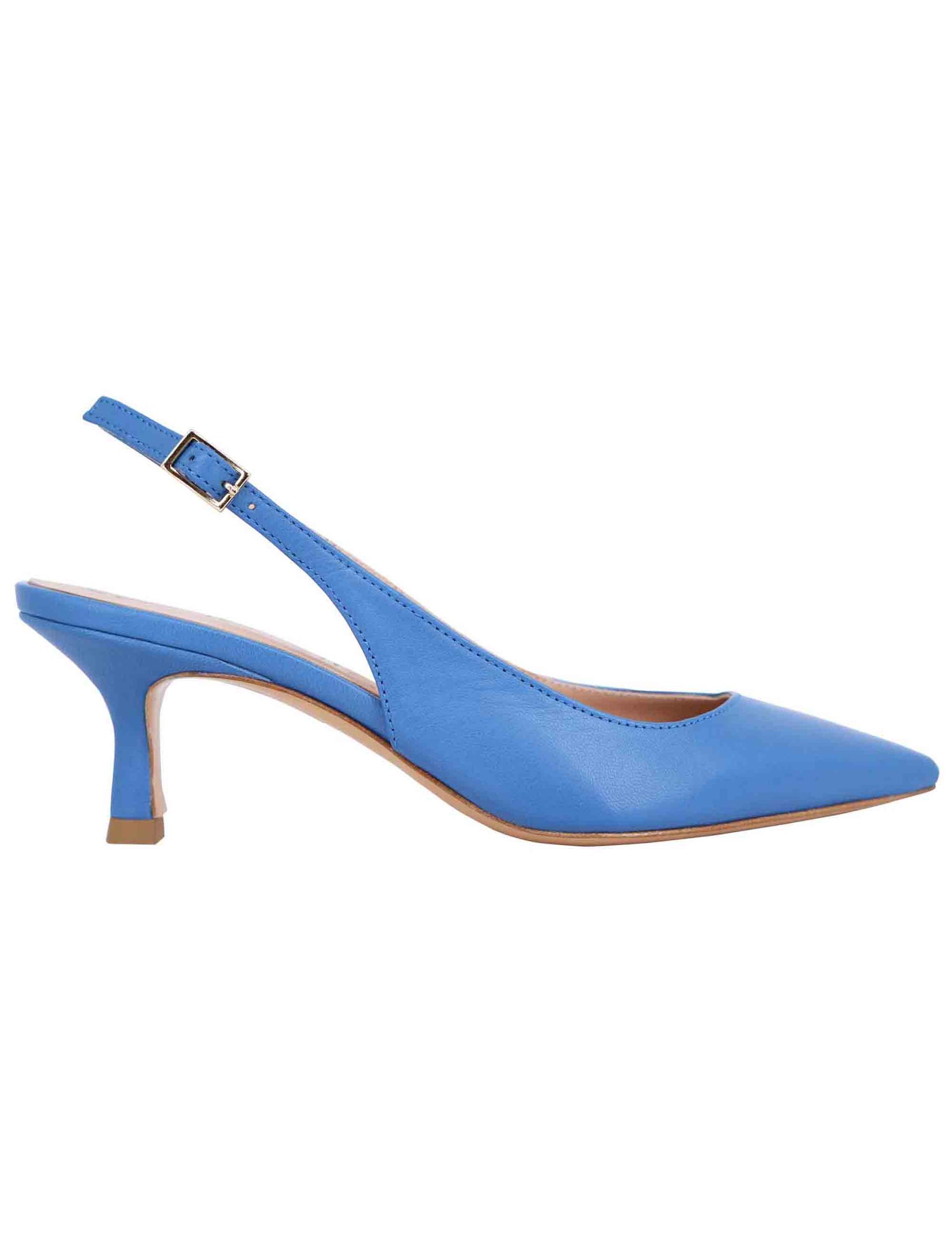 Women's slingback pumps in blue leather with low heel