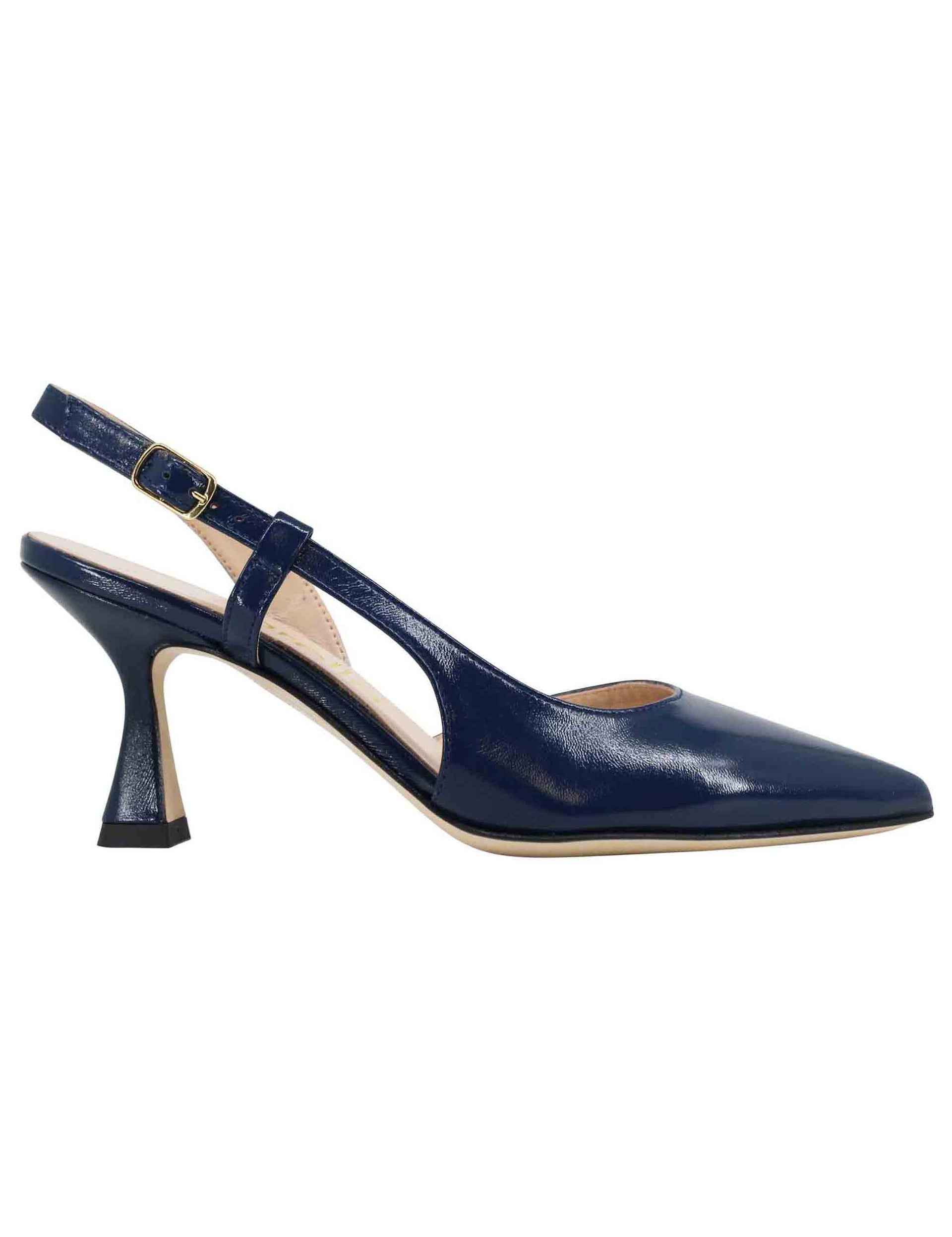 Women's slingback pumps in blue leather with high heel and asymmetric neckline