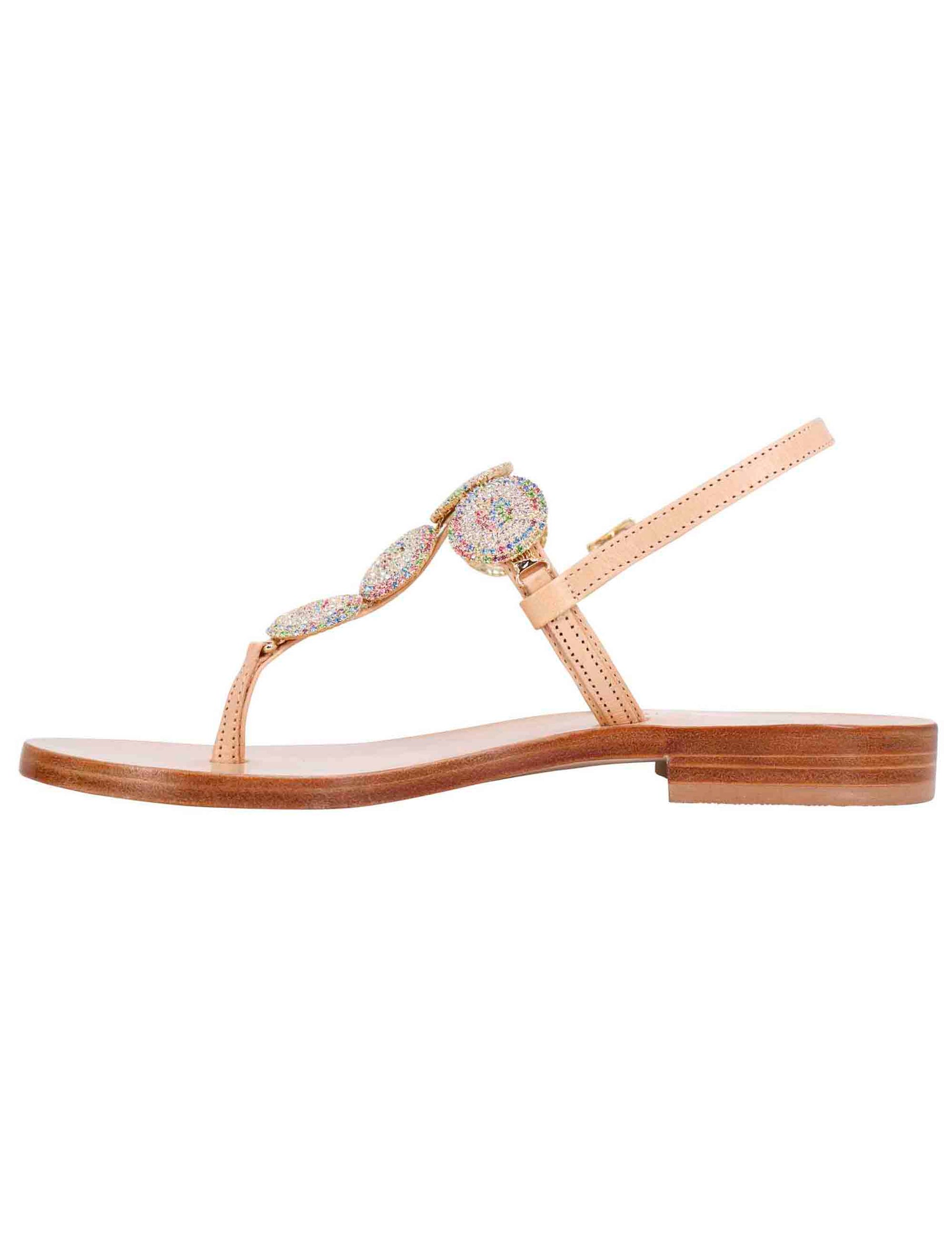 Women's flat slingback sandals in natural leather with jewel and leather sole