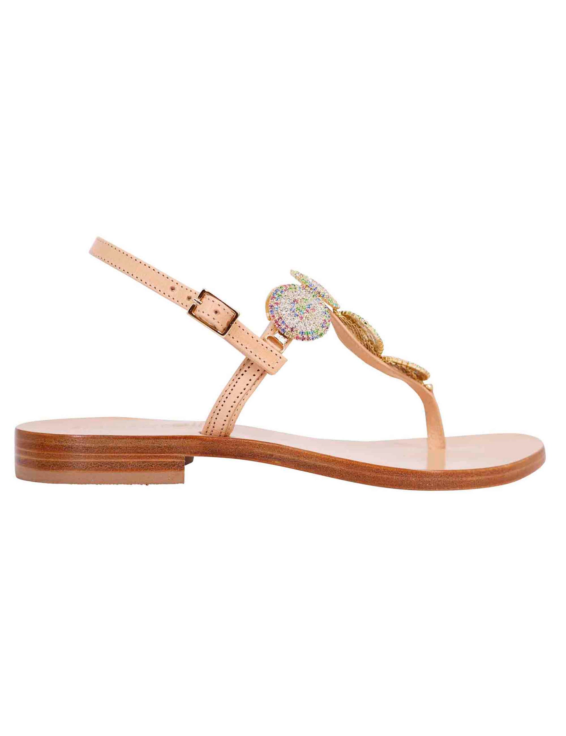 Women's flat slingback sandals in natural leather with jewel and leather sole