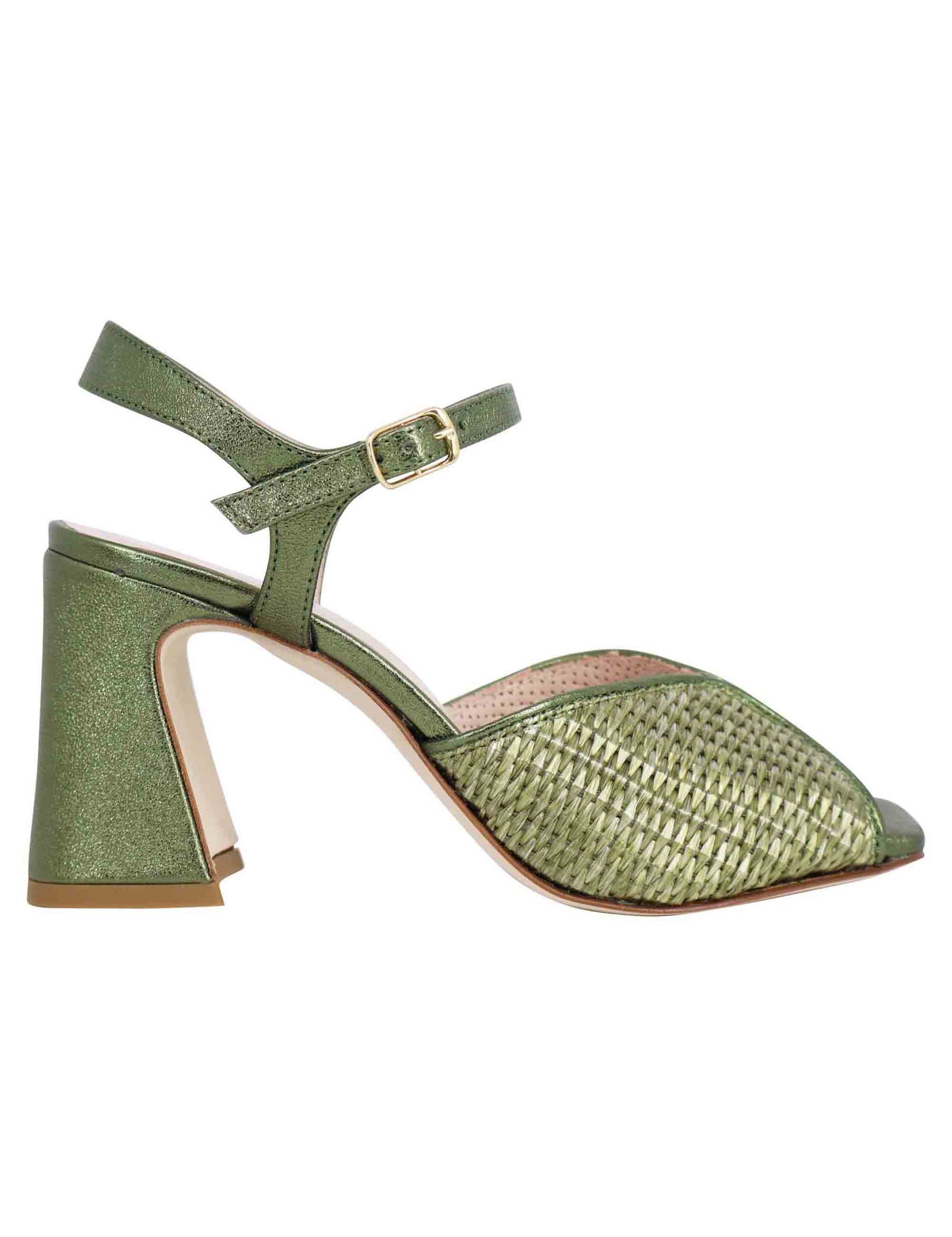 Women's sandals in green laminated leather with high heel and ankle strap