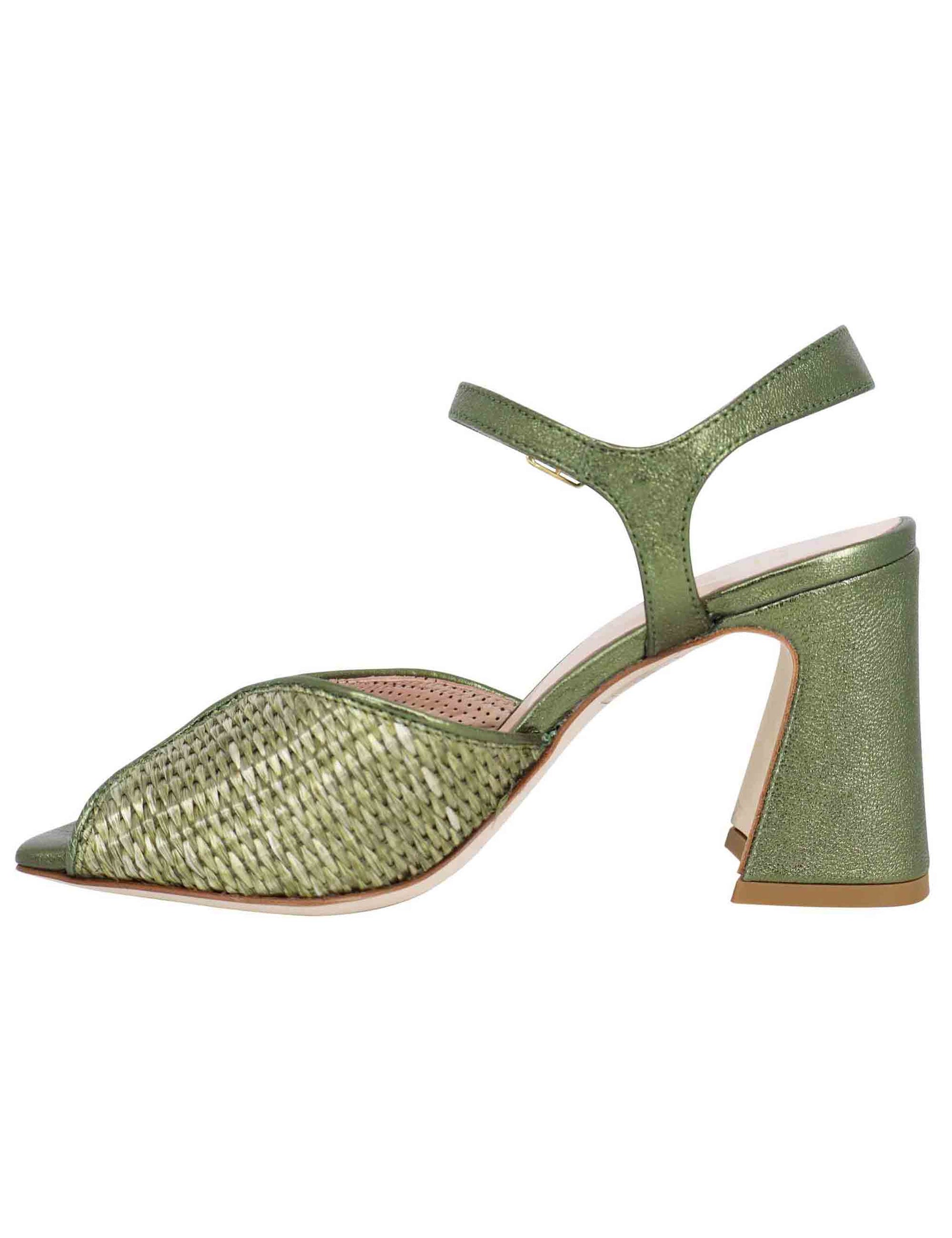 Women's sandals in green laminated leather with high heel and ankle strap