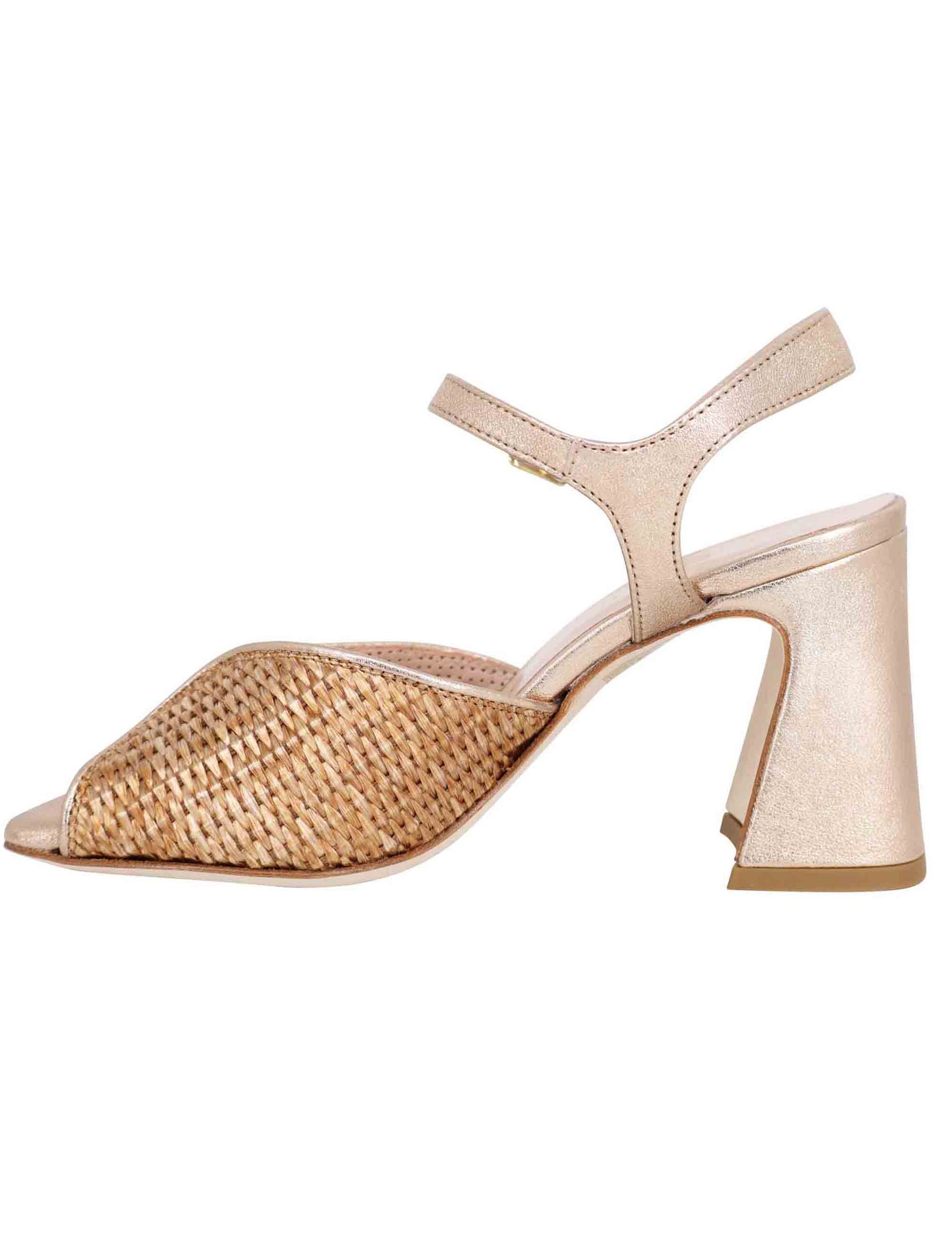 Women's sandals in gold laminated leather with high heel and ankle strap