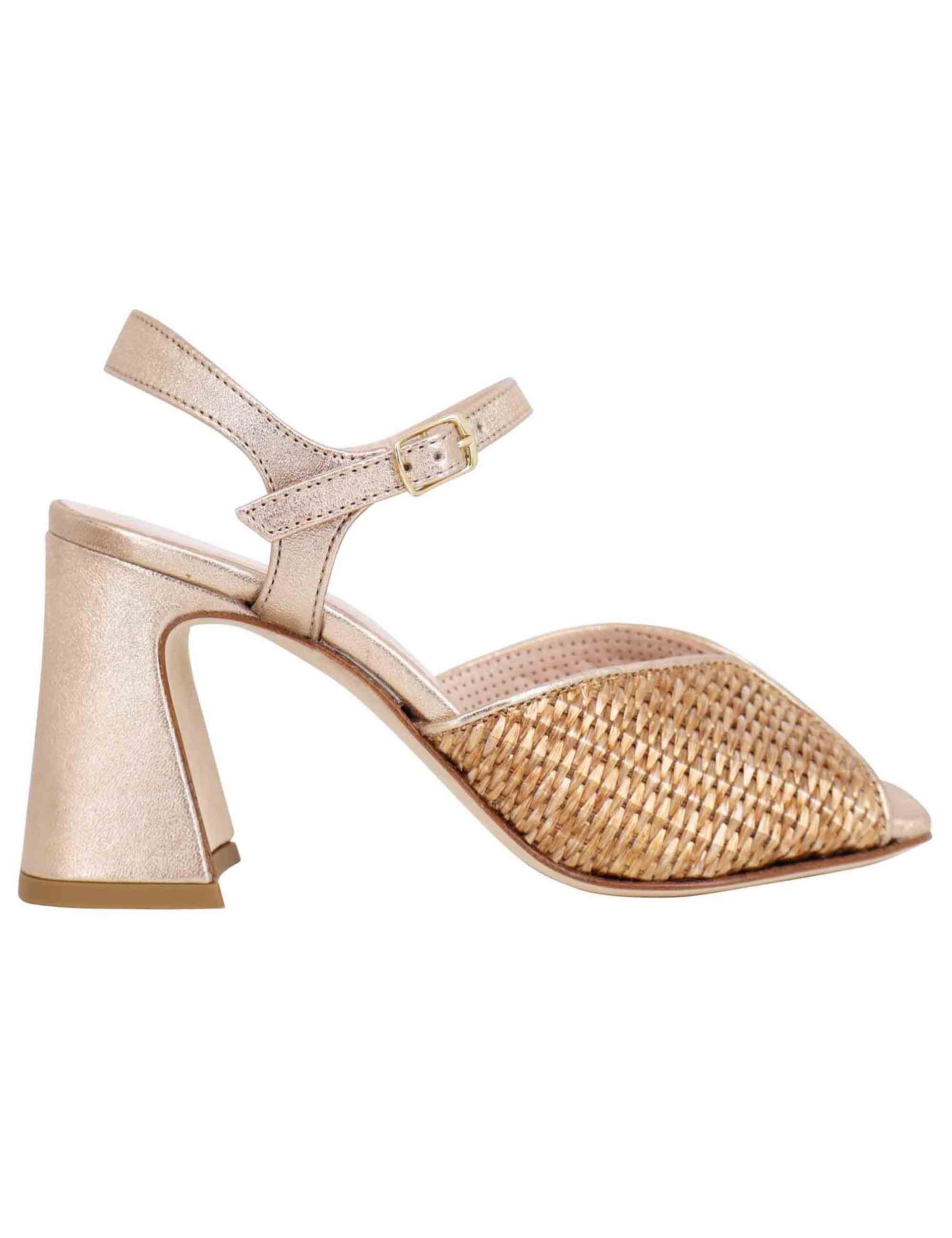 Women's sandals in gold laminated leather with high heel and ankle strap