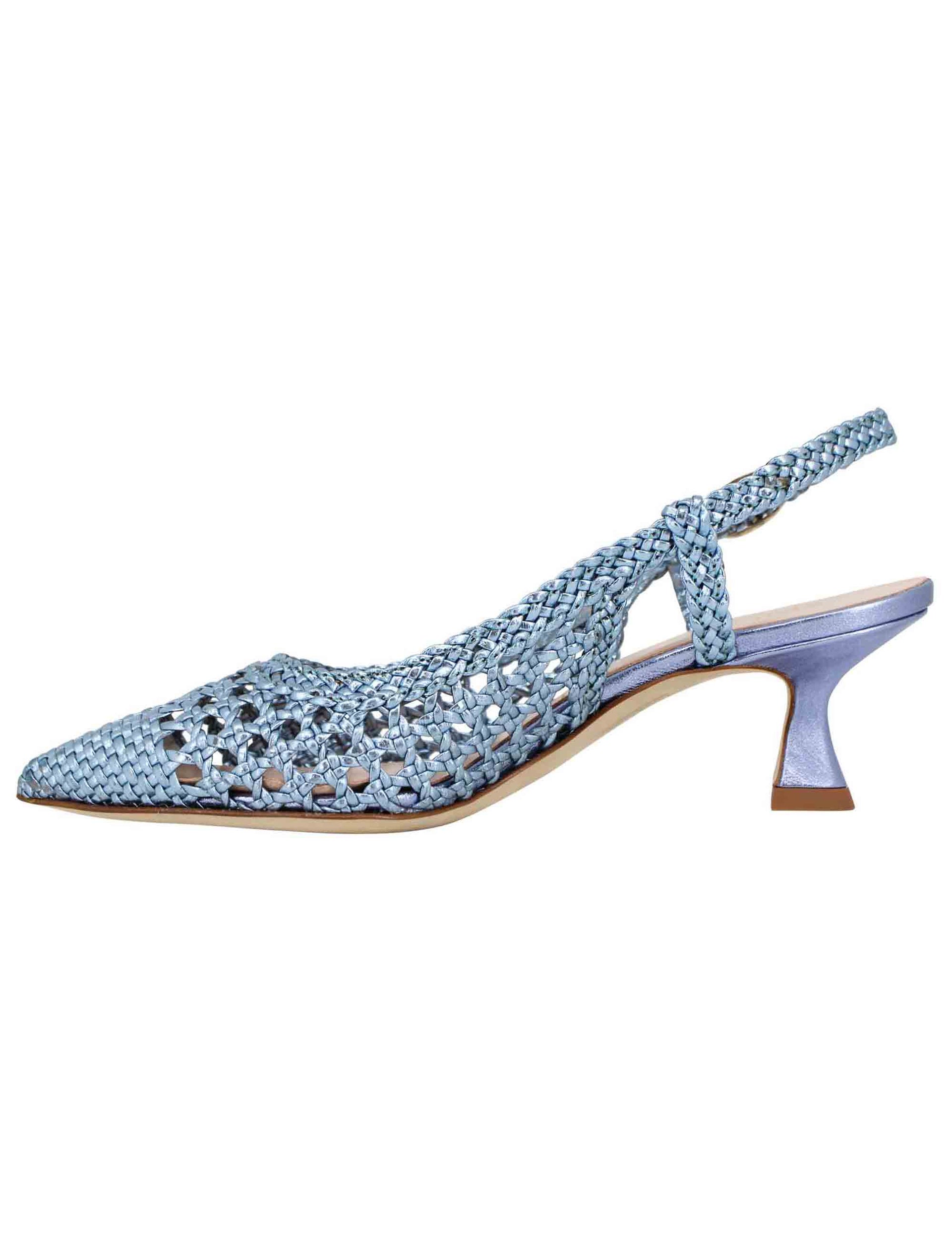 Women's slingback pumps in light blue laminated woven leather with matching heel