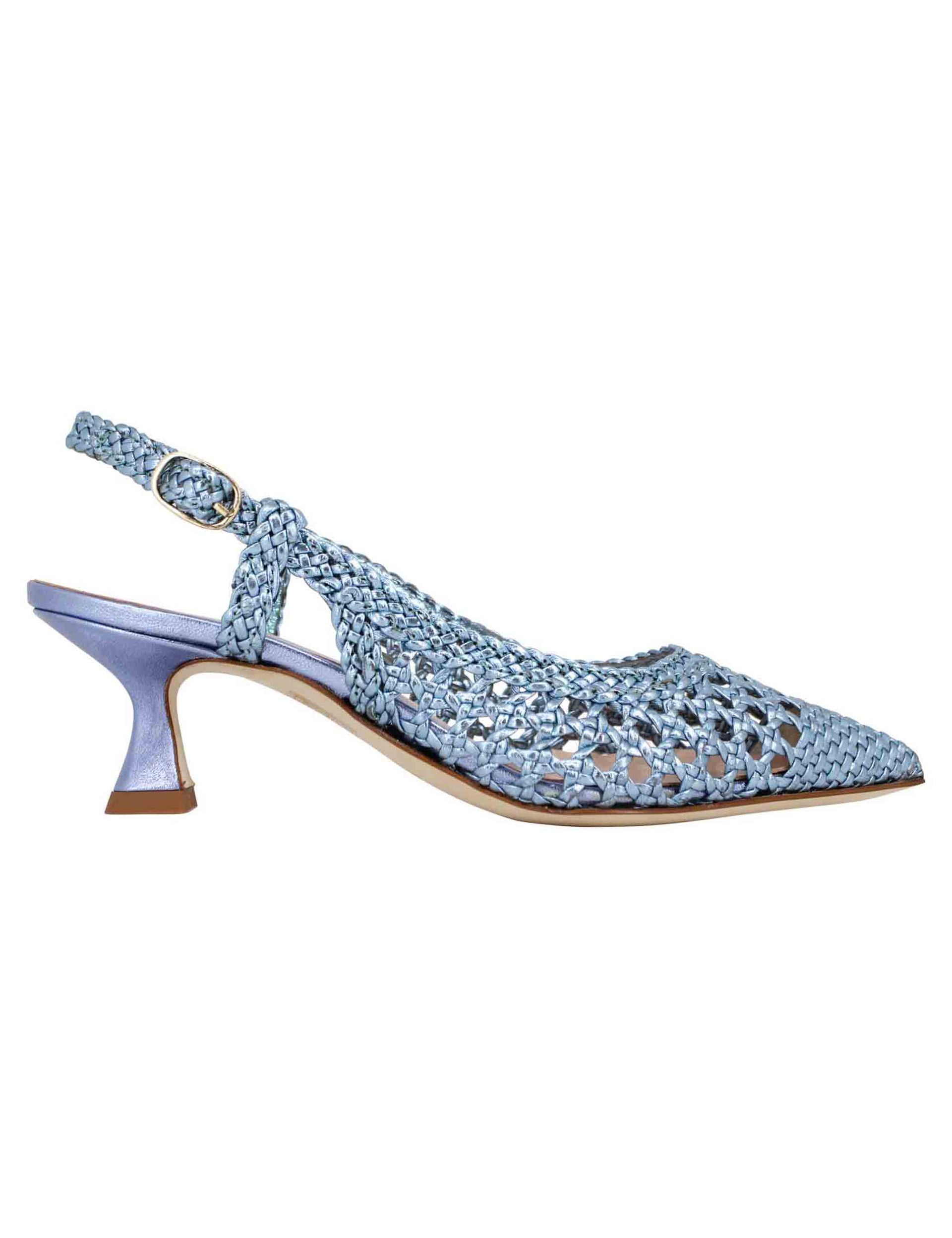 Women's slingback pumps in light blue laminated woven leather with matching heel