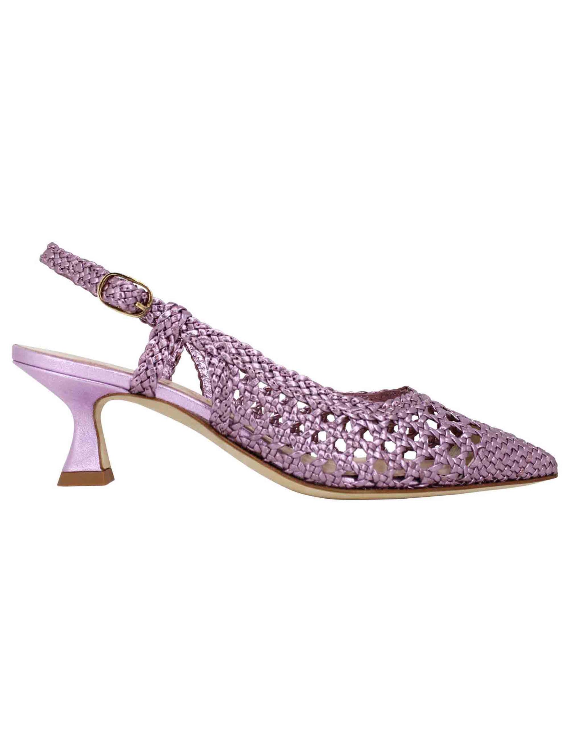 Women's slingback pumps in lilac laminated woven leather with matching heel