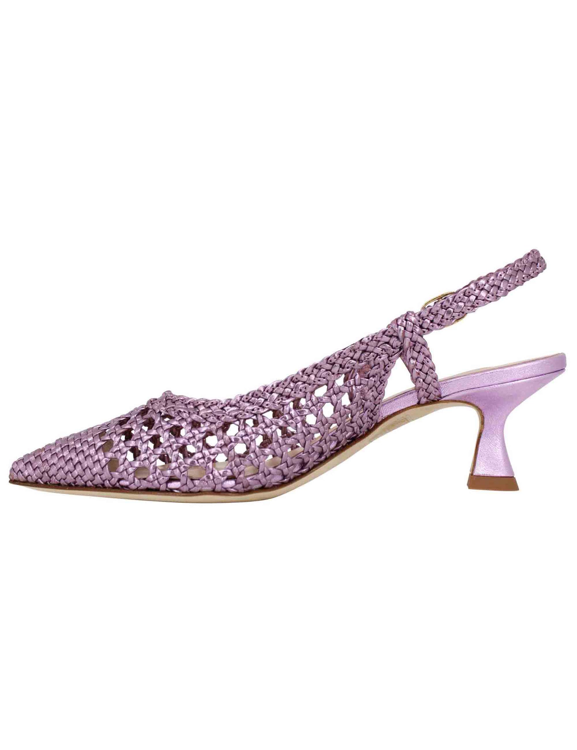 Women's slingback pumps in lilac laminated woven leather with matching heel