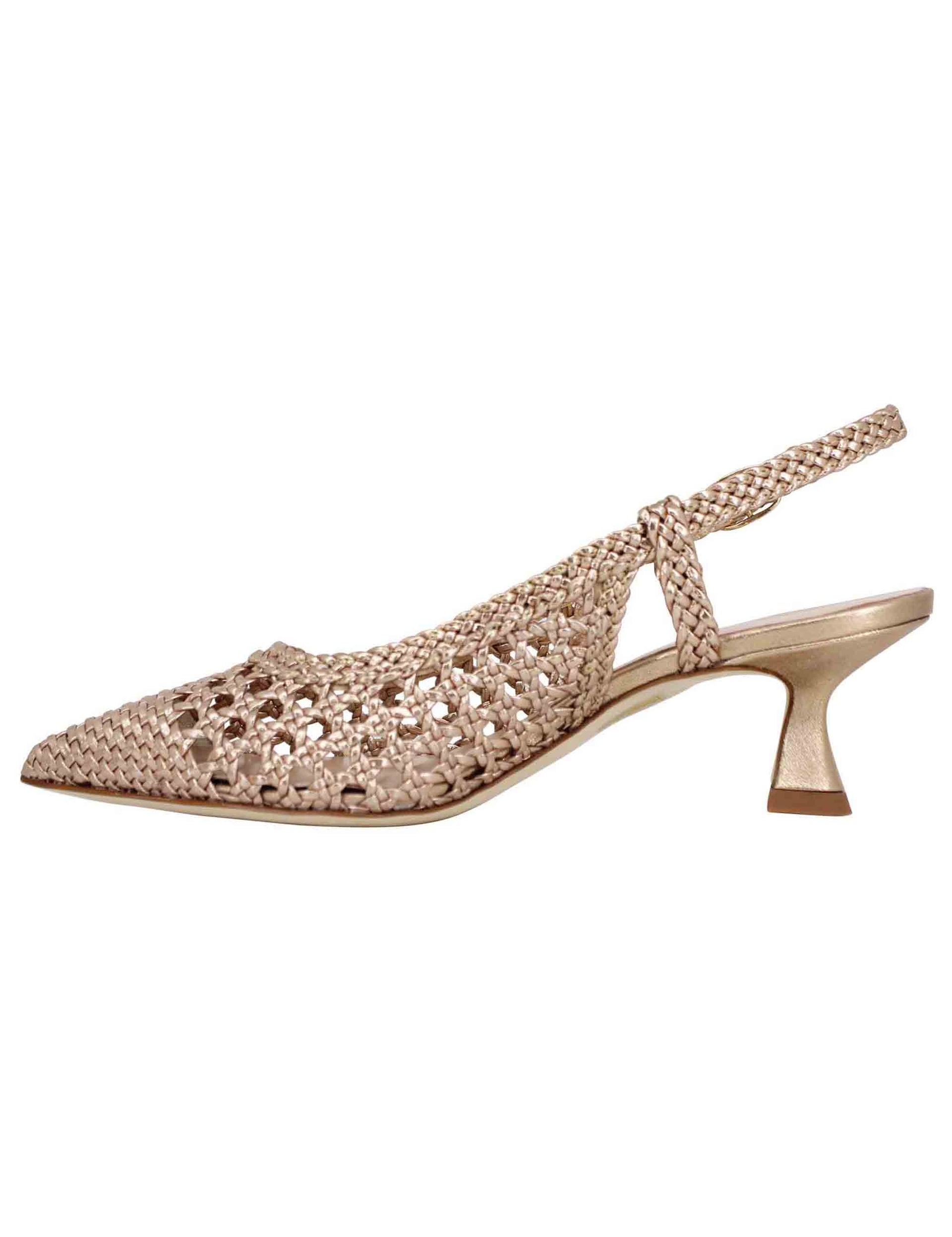 Women's slingback pumps in gold laminated woven leather with matching heel