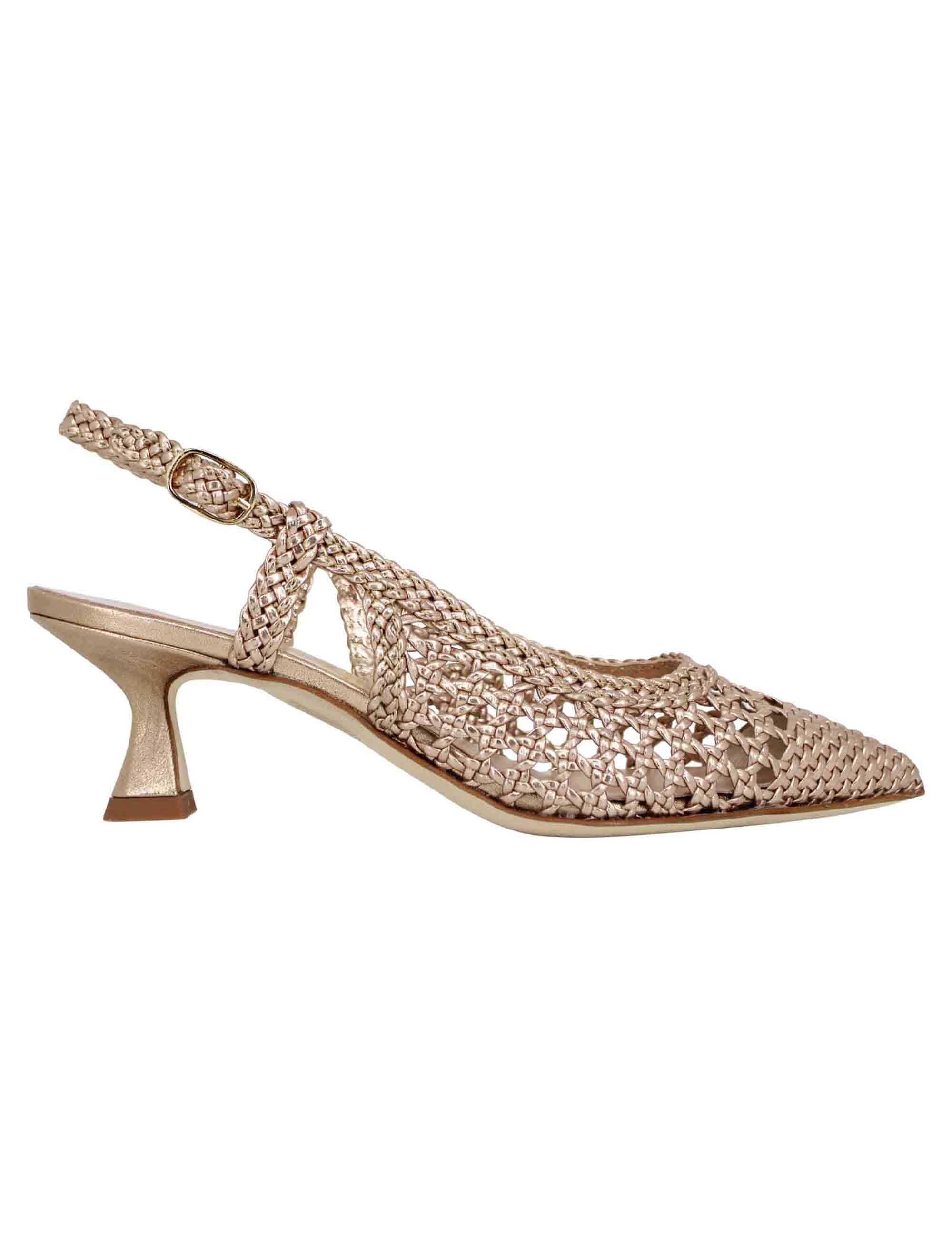 Spatarella Decollete slingback donna in pelle intrecciata laminata oro con tacco in tinta