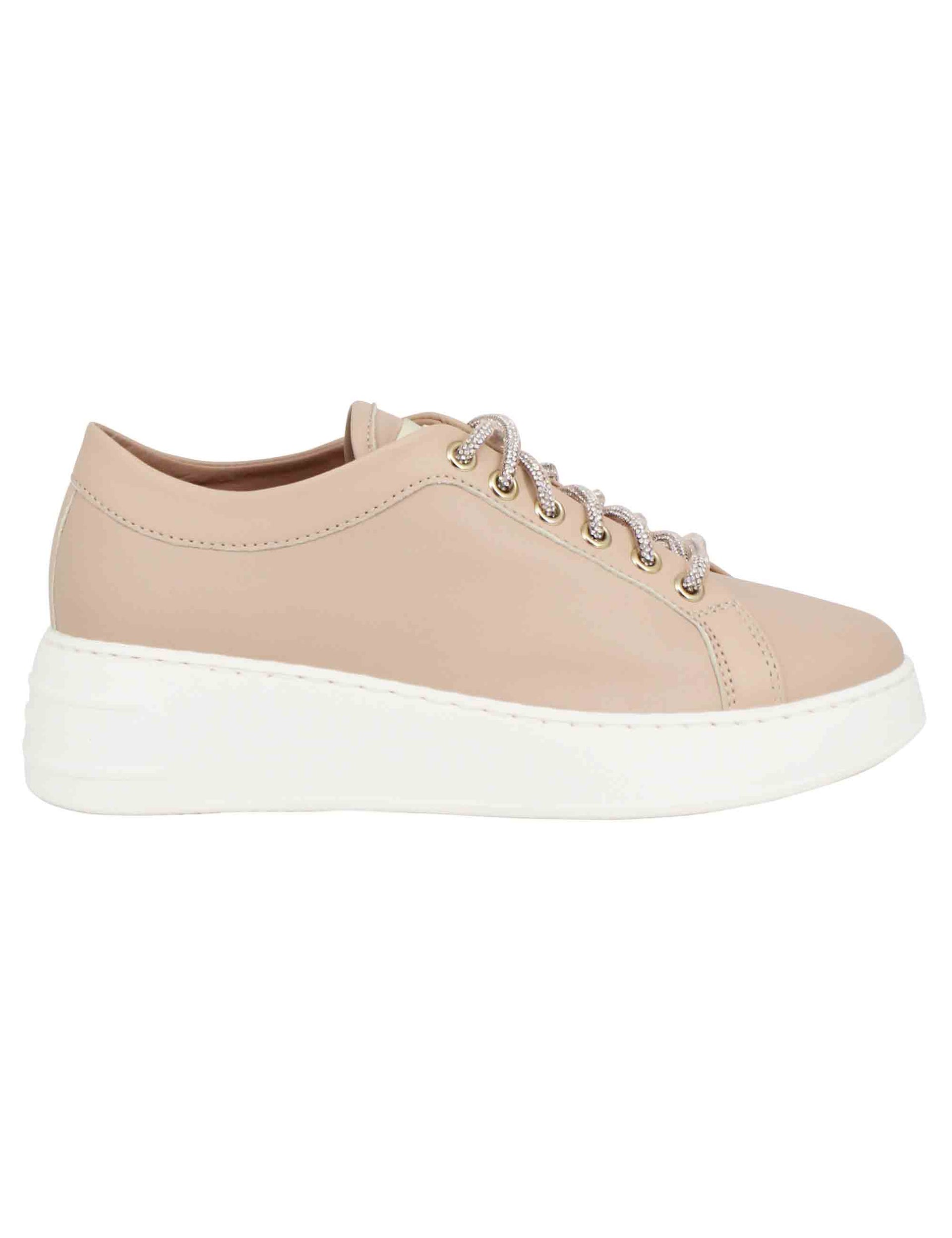 Women's nude leather sneakers with rhinestone laces