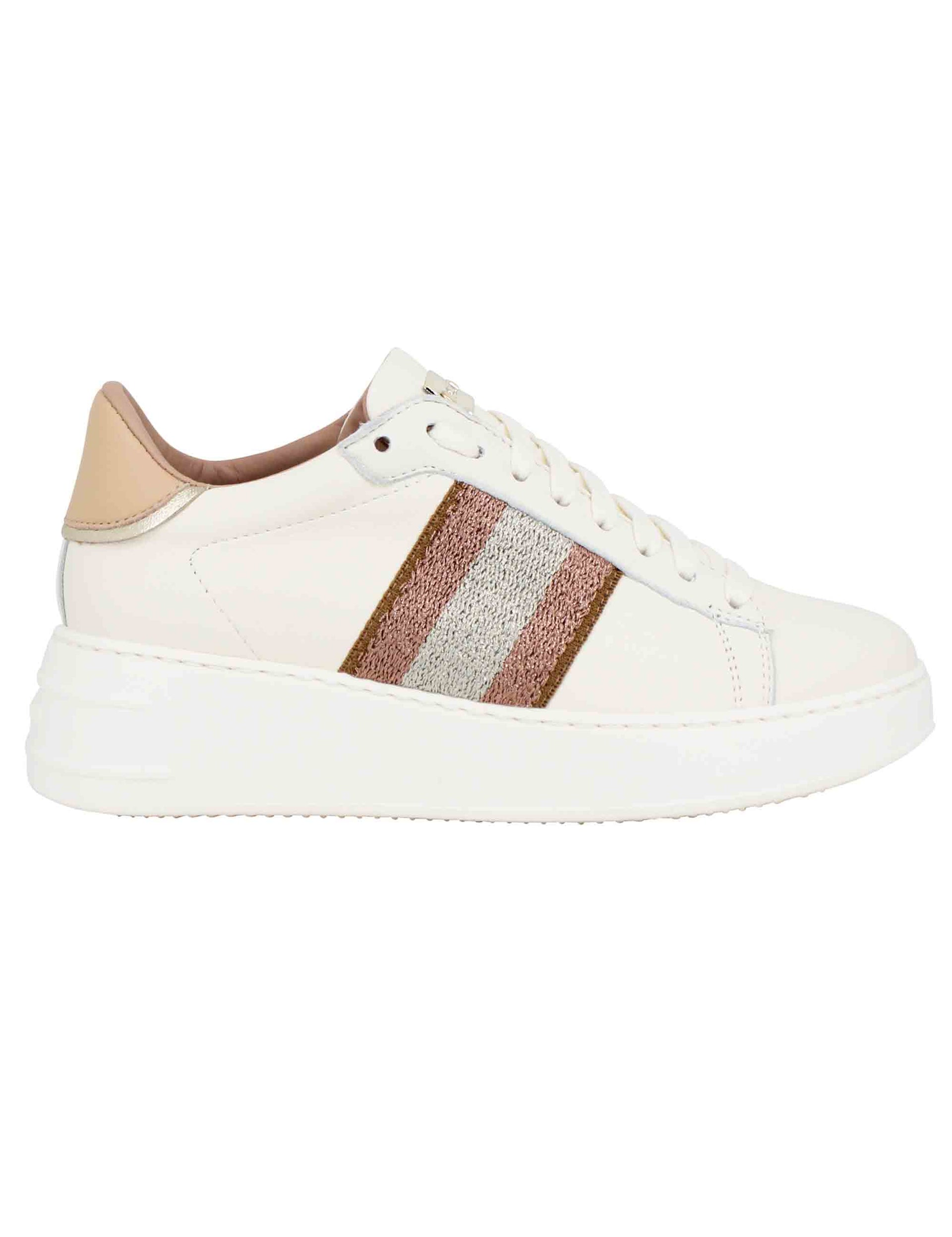 Women's beige leather sneakers with side band