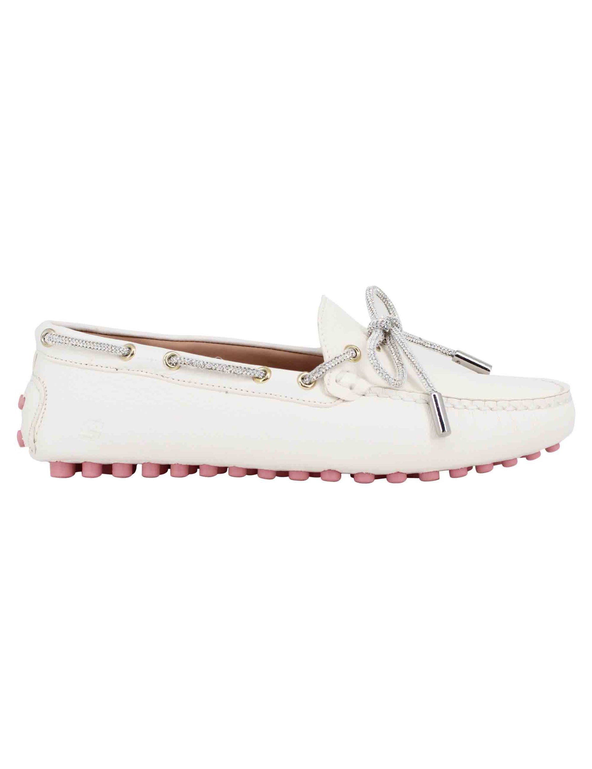 Women's white leather loafers with rhinestone bow