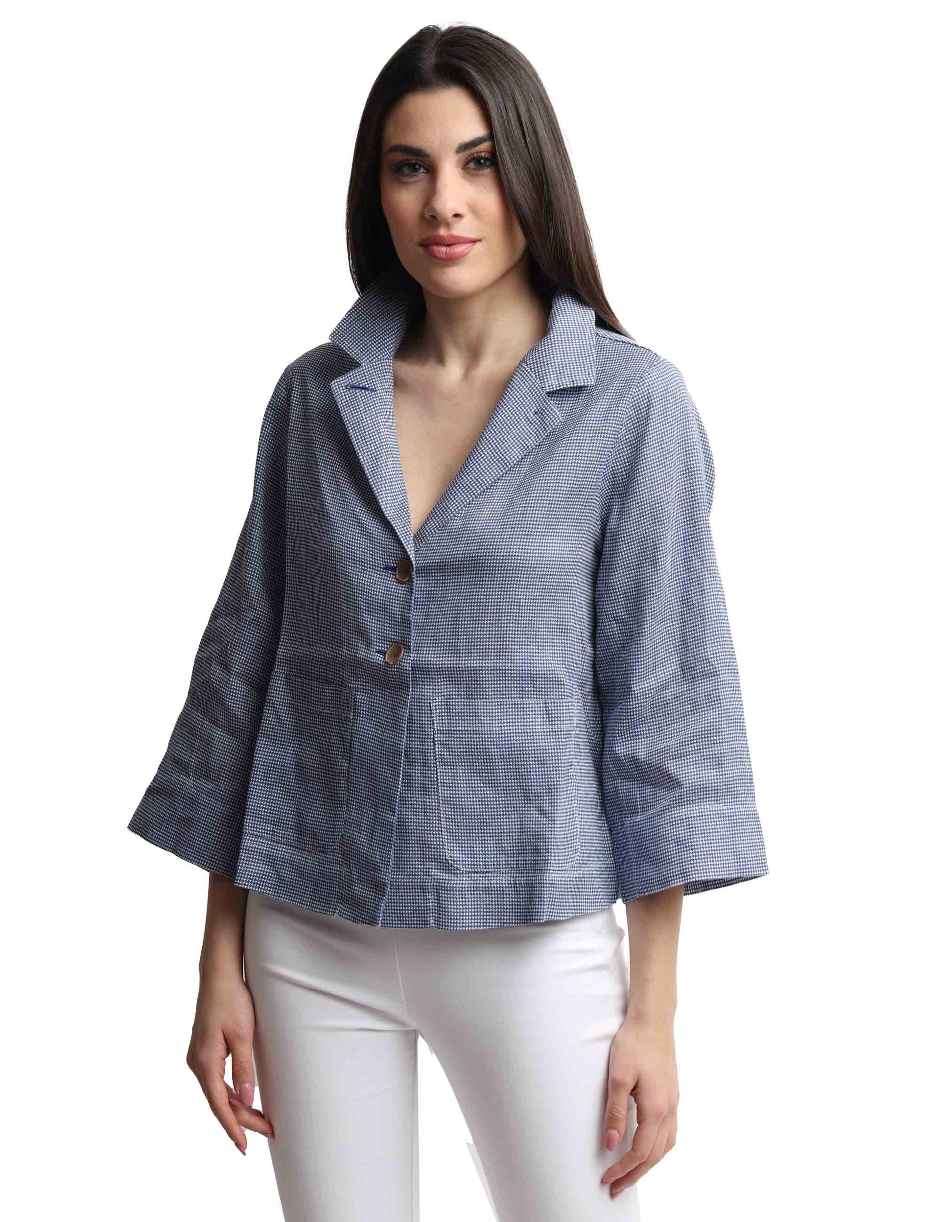 Single-breasted women's jackets in blue linen with 3/4 sleeves