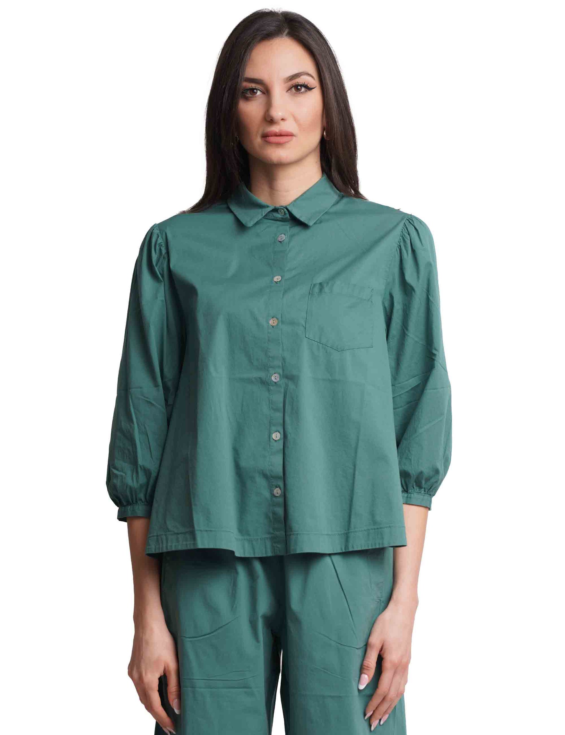 Camicie donna in cotone verde con maniche a sbuffo
