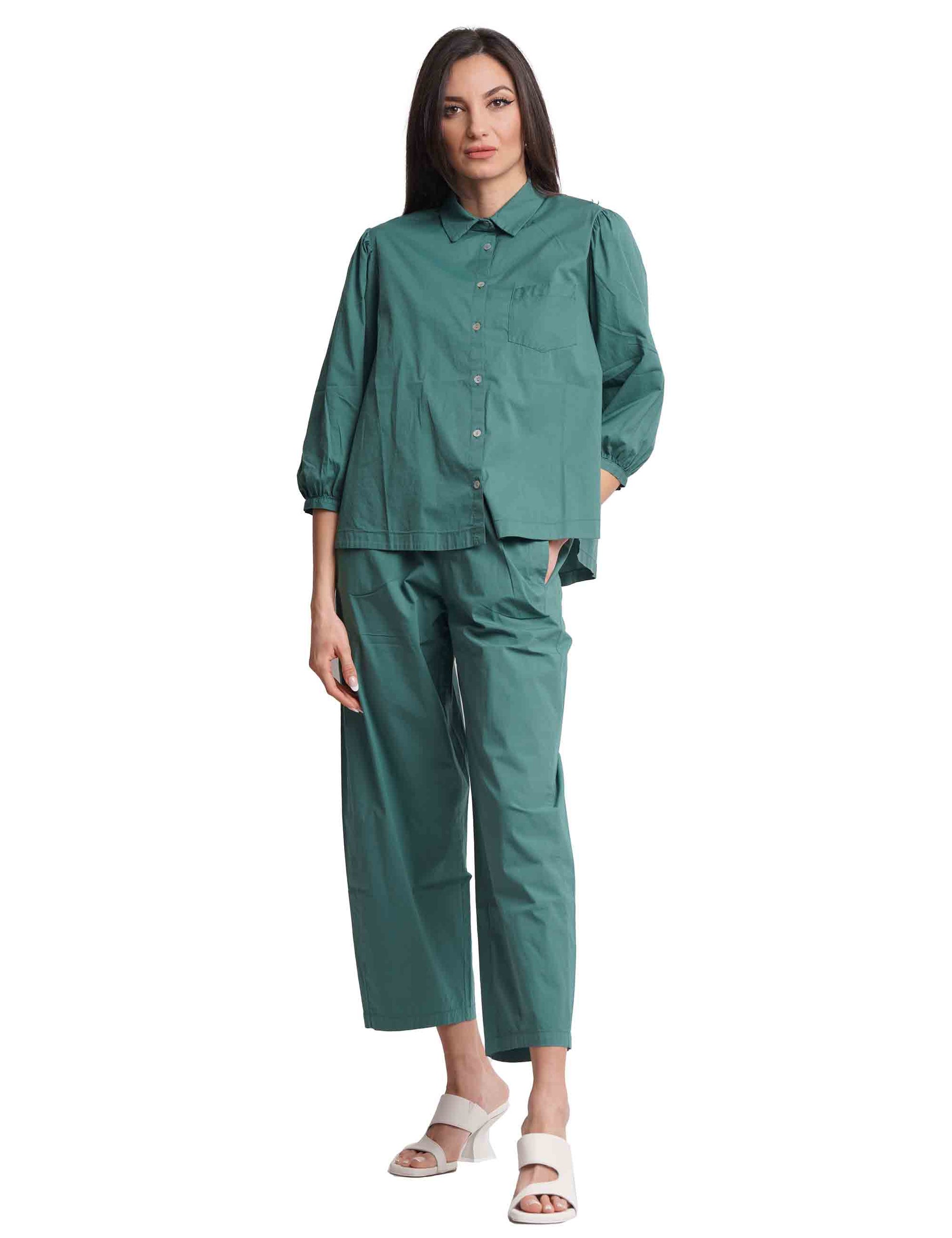 Camicie donna in cotone verde con maniche a sbuffo