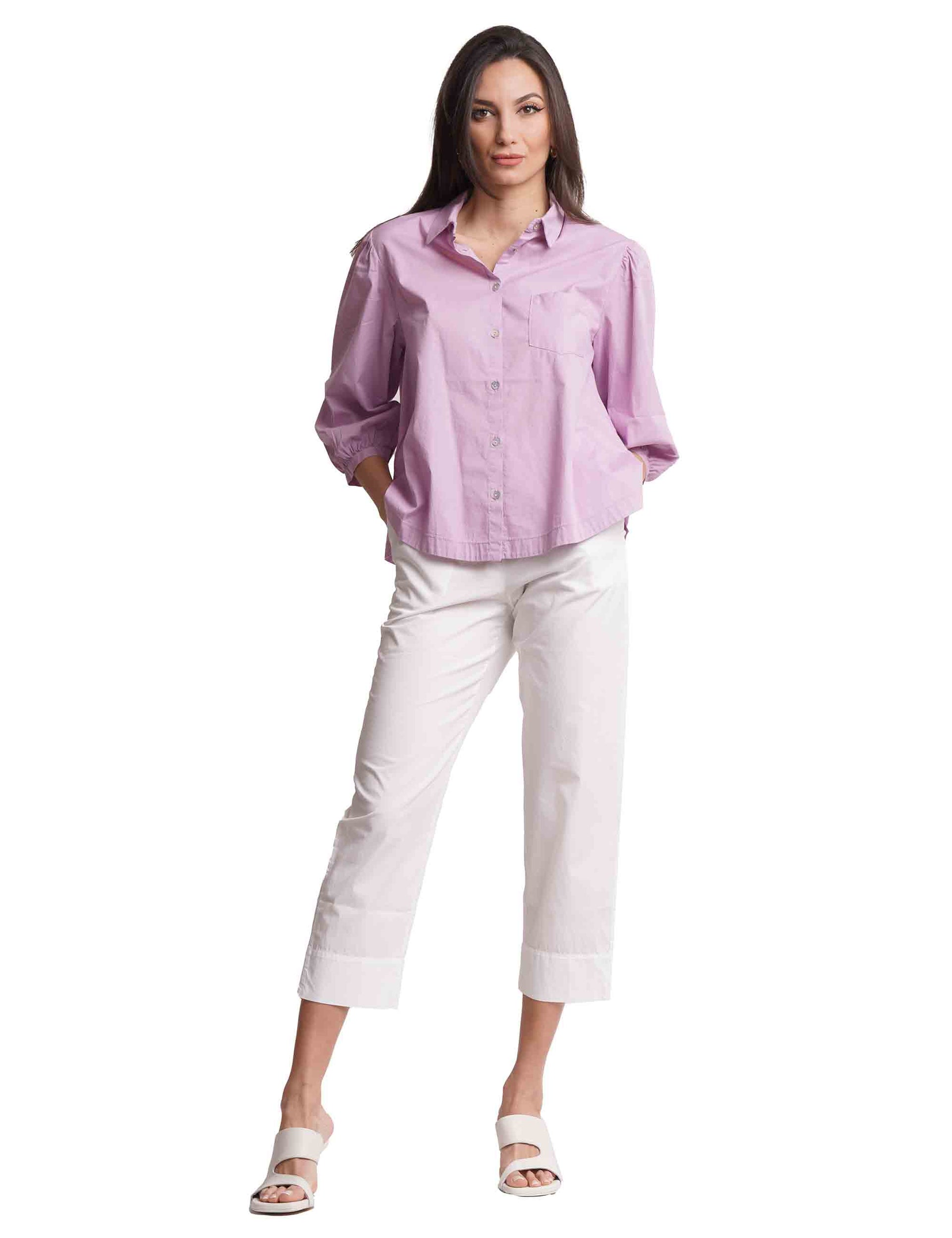 Camicie donna in cotone lilla con maniche a sbuffo