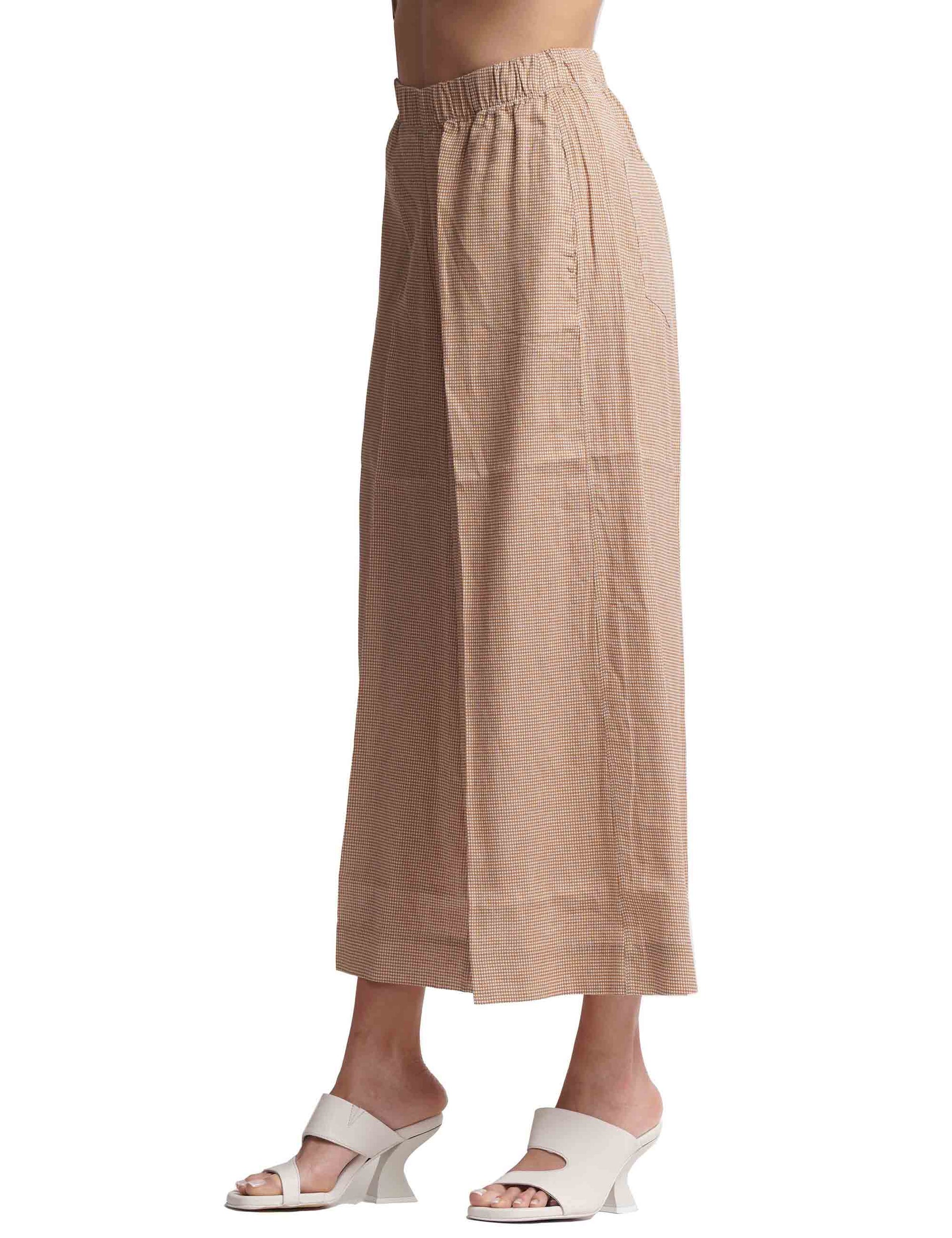Pantaloni donna in puro lino cammello a gamba larga con elastico in vita