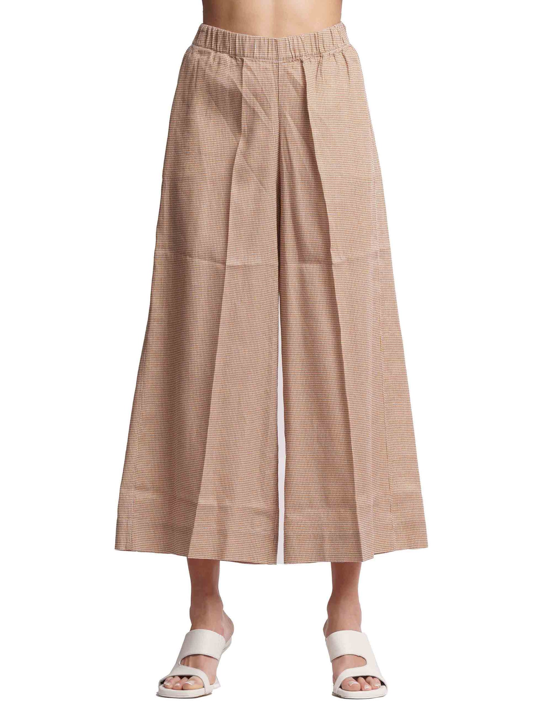 Women's wide-leg camel pure linen trousers with elastic waist