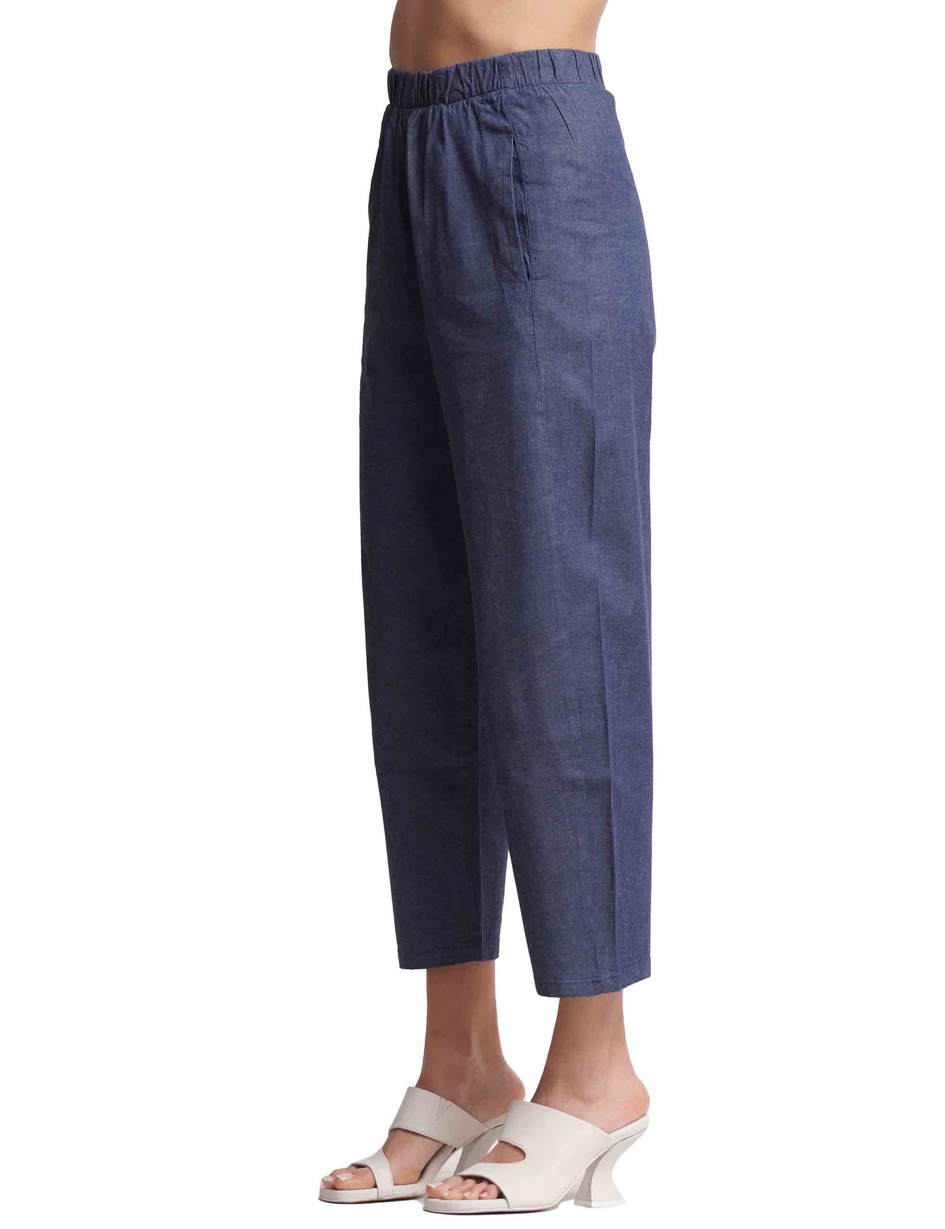 Pantaloni donna in cotone blu con elastico in vita e tasche alla francese