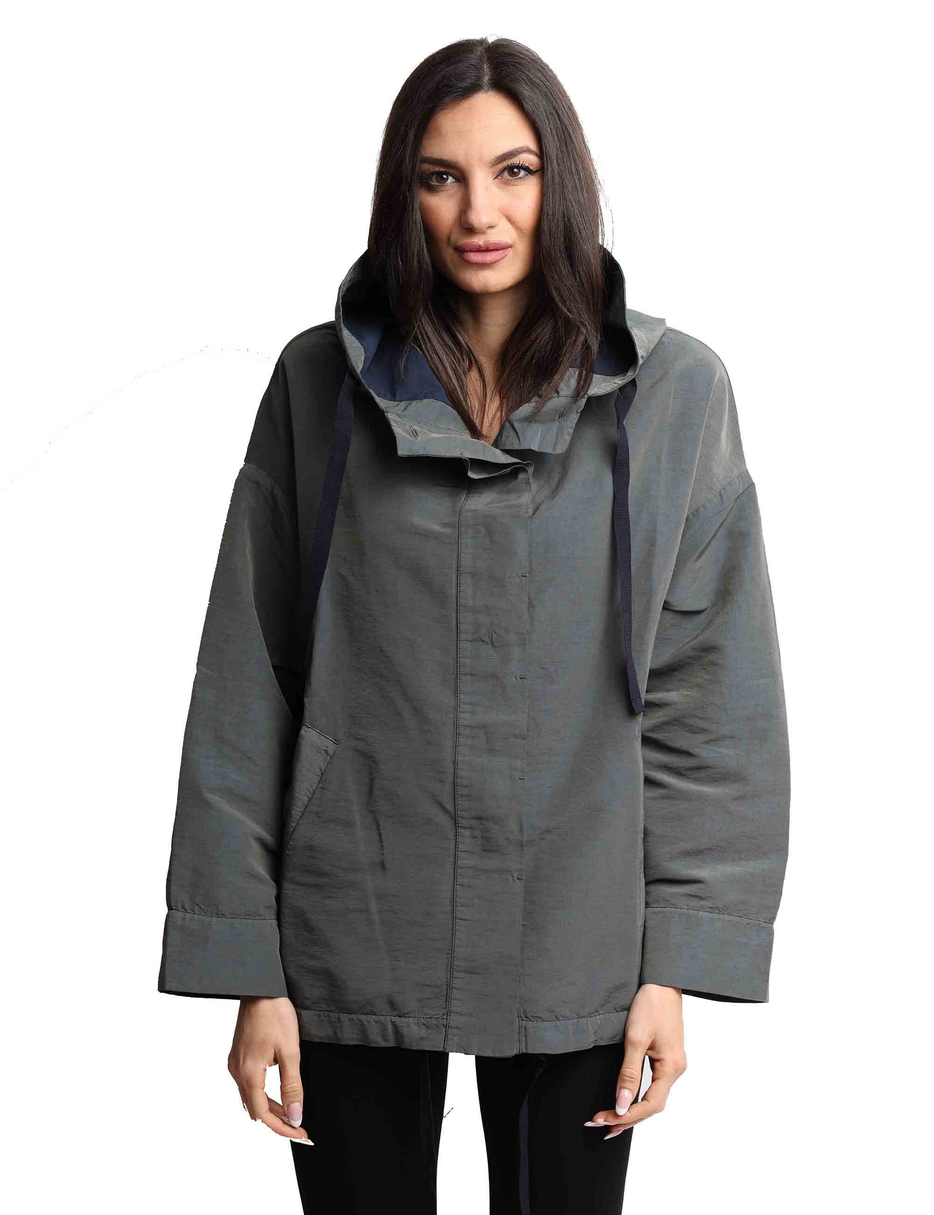 Women's jackets in blue cotton and linen blend with hood