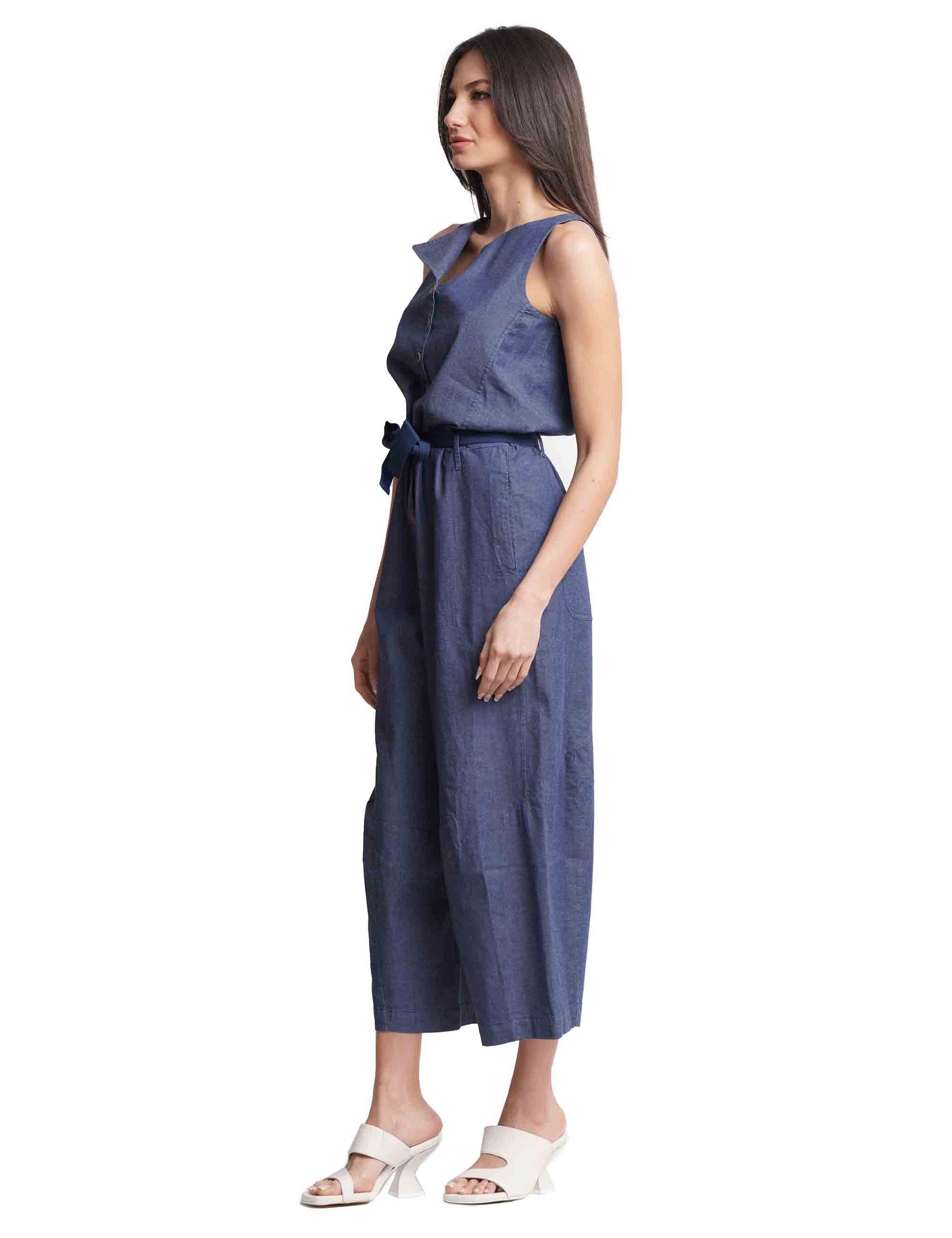 Women's blue cotton tracksuit dresses with sleeveless waist belt