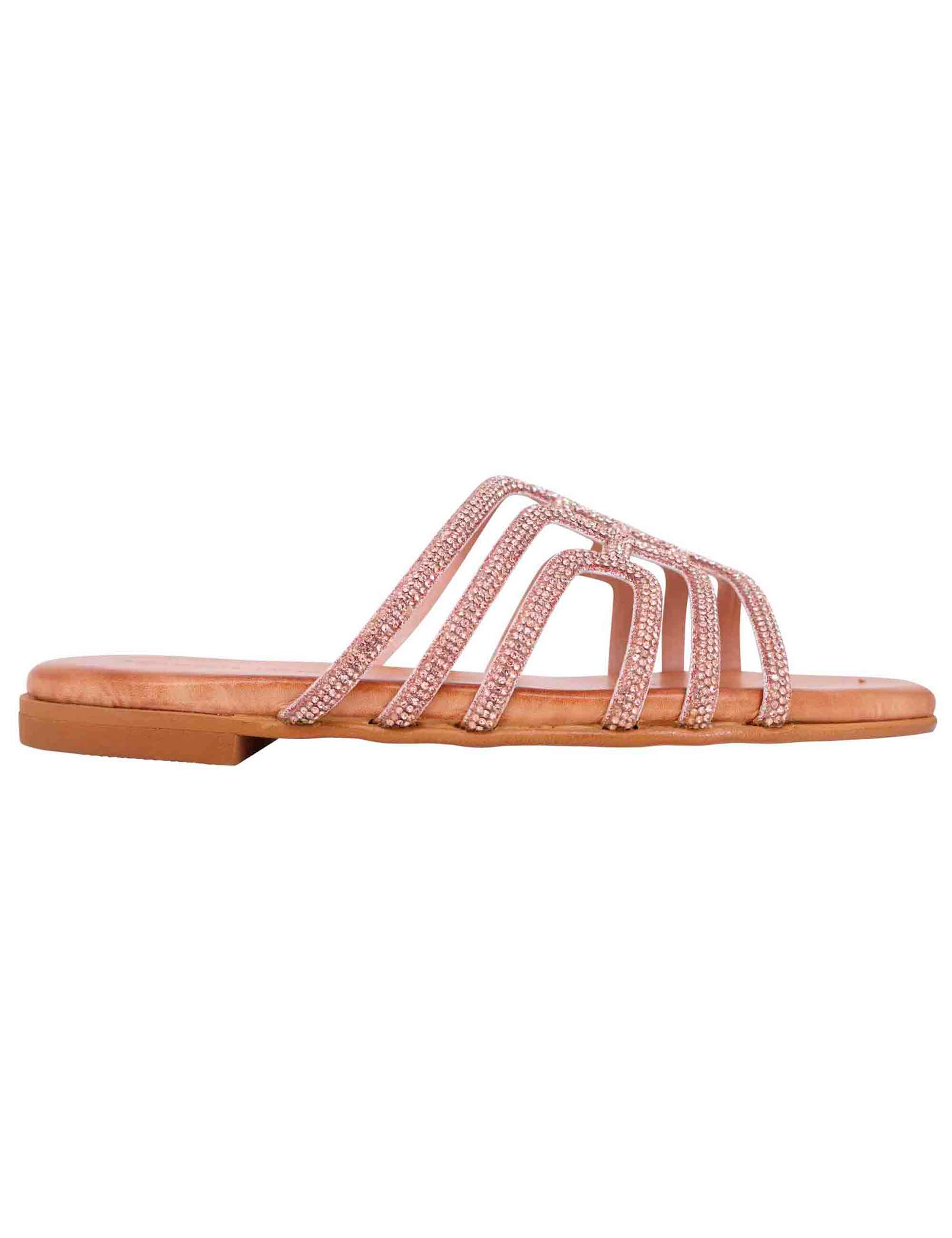 Women's flat sandals in pink rhinestones with soft insole