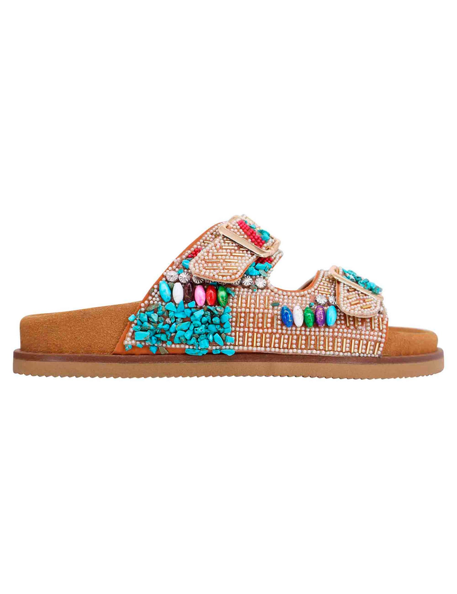 Women's sandals with fussbett in beige fabric with multicolored rhinestones
