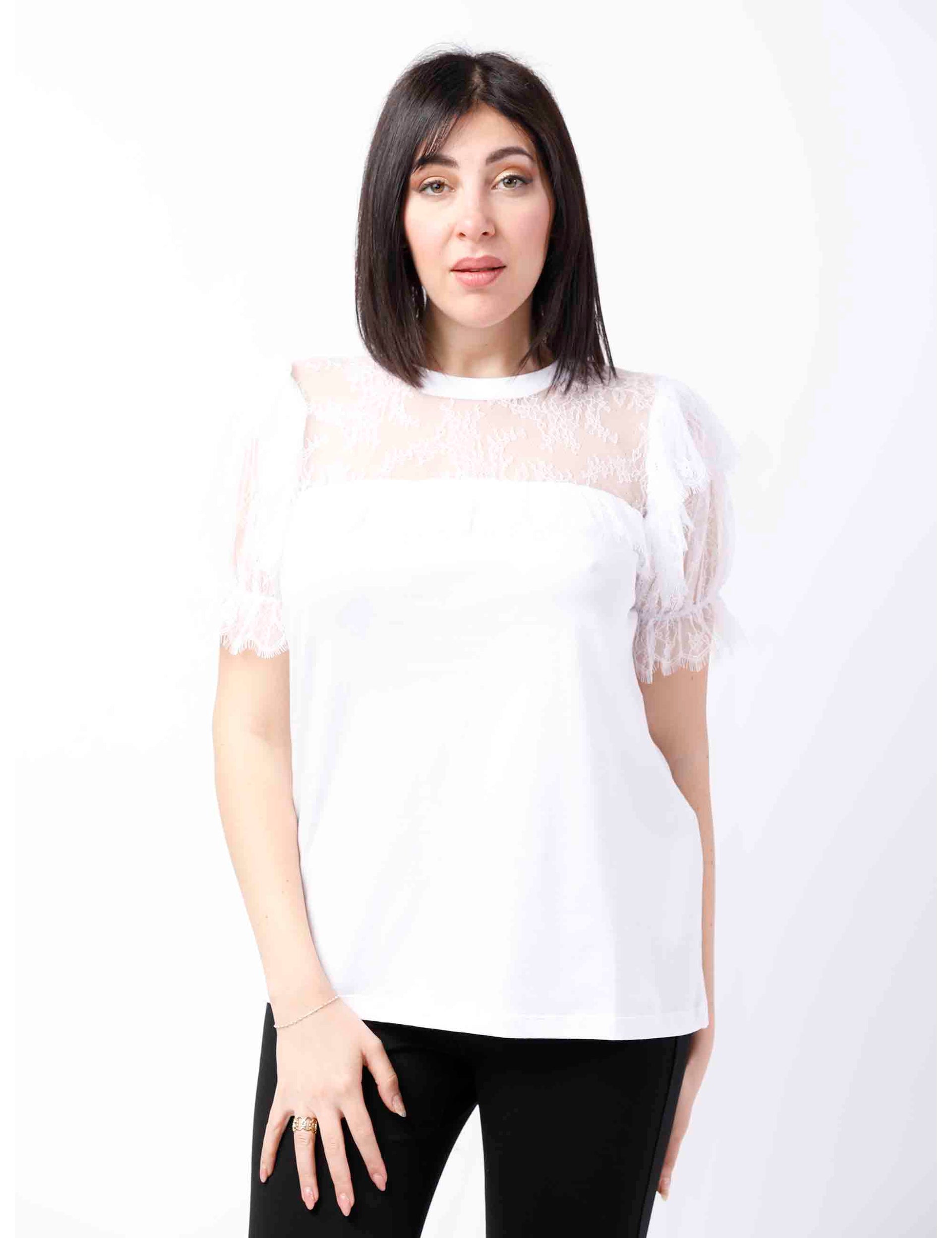 T-shirt donna in cotone e pizzo bianco