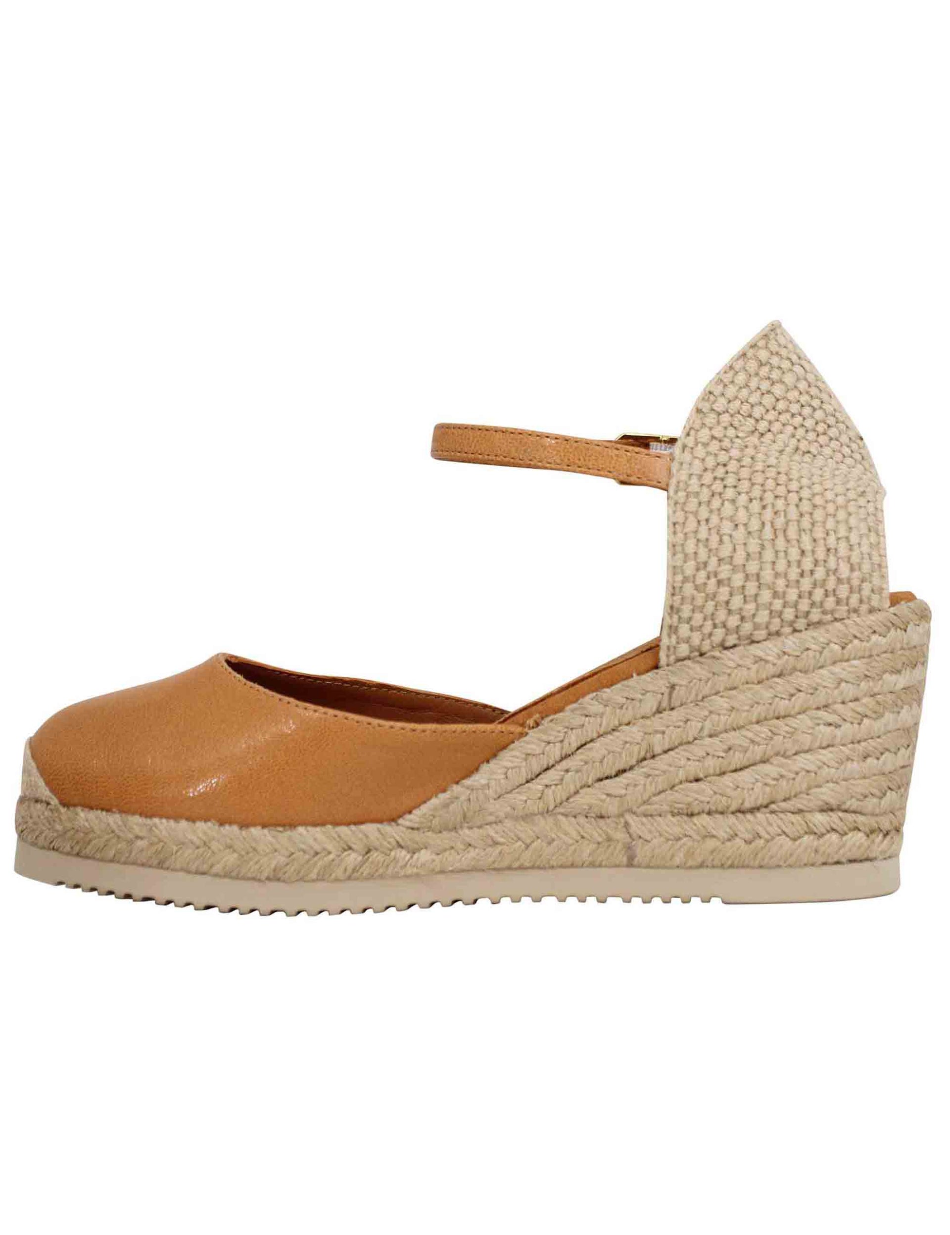 Women's espadrille sandals in tan leather with ankle strap