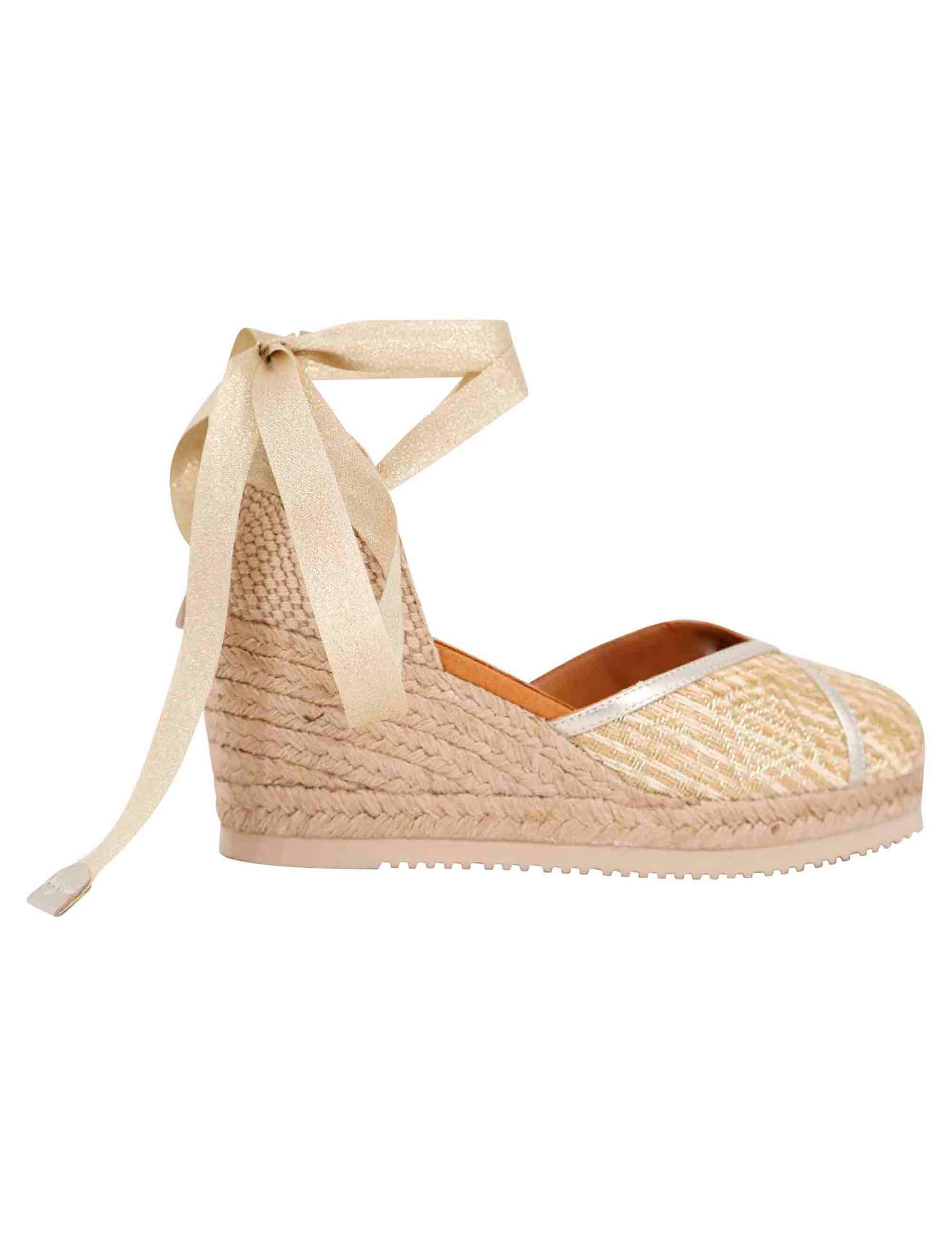 Women's espadrille sandals in gold and platinum fabric with rope wedge