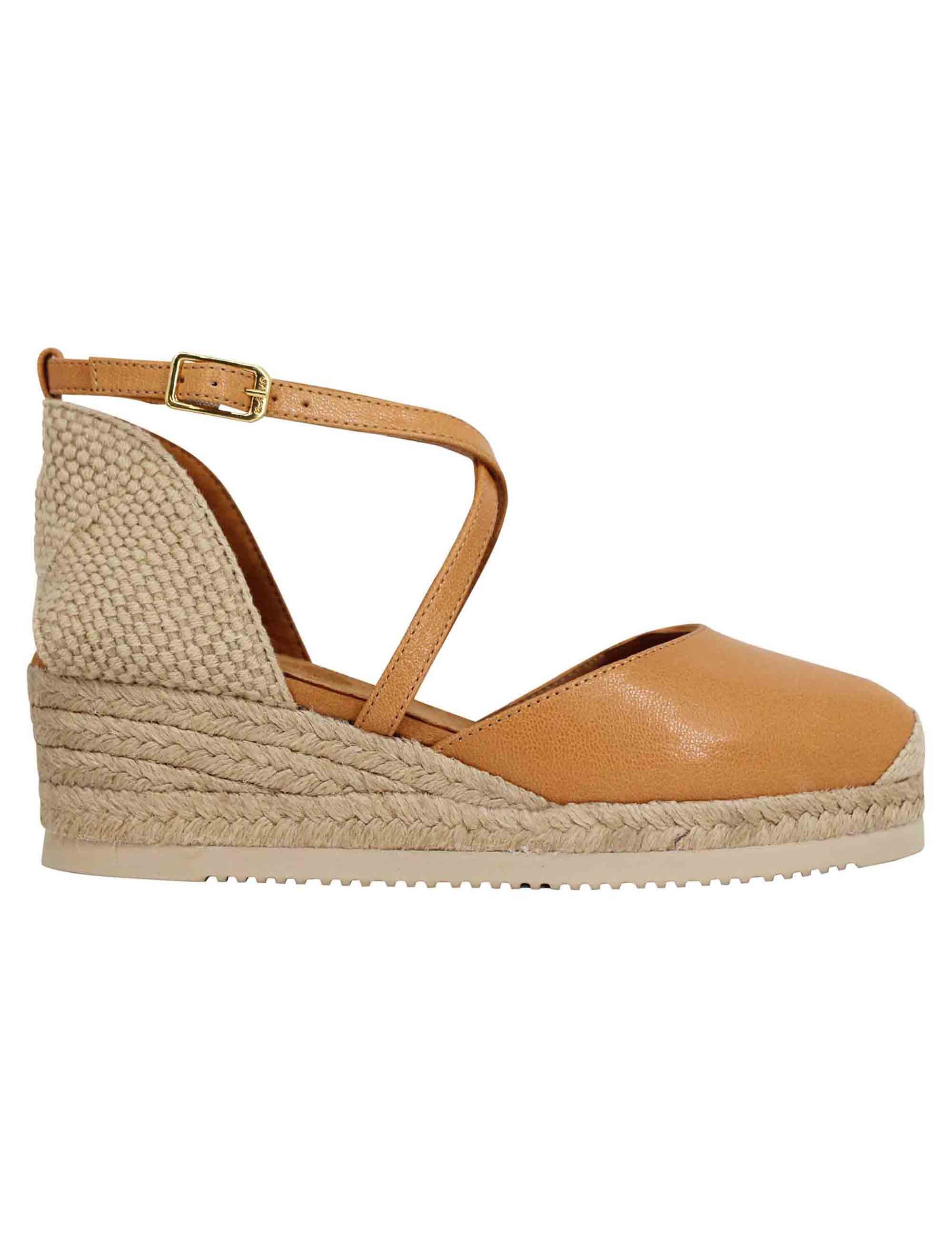 Spatarella Sandali espadrillas donna in pelle cuoio con zeppa bassa