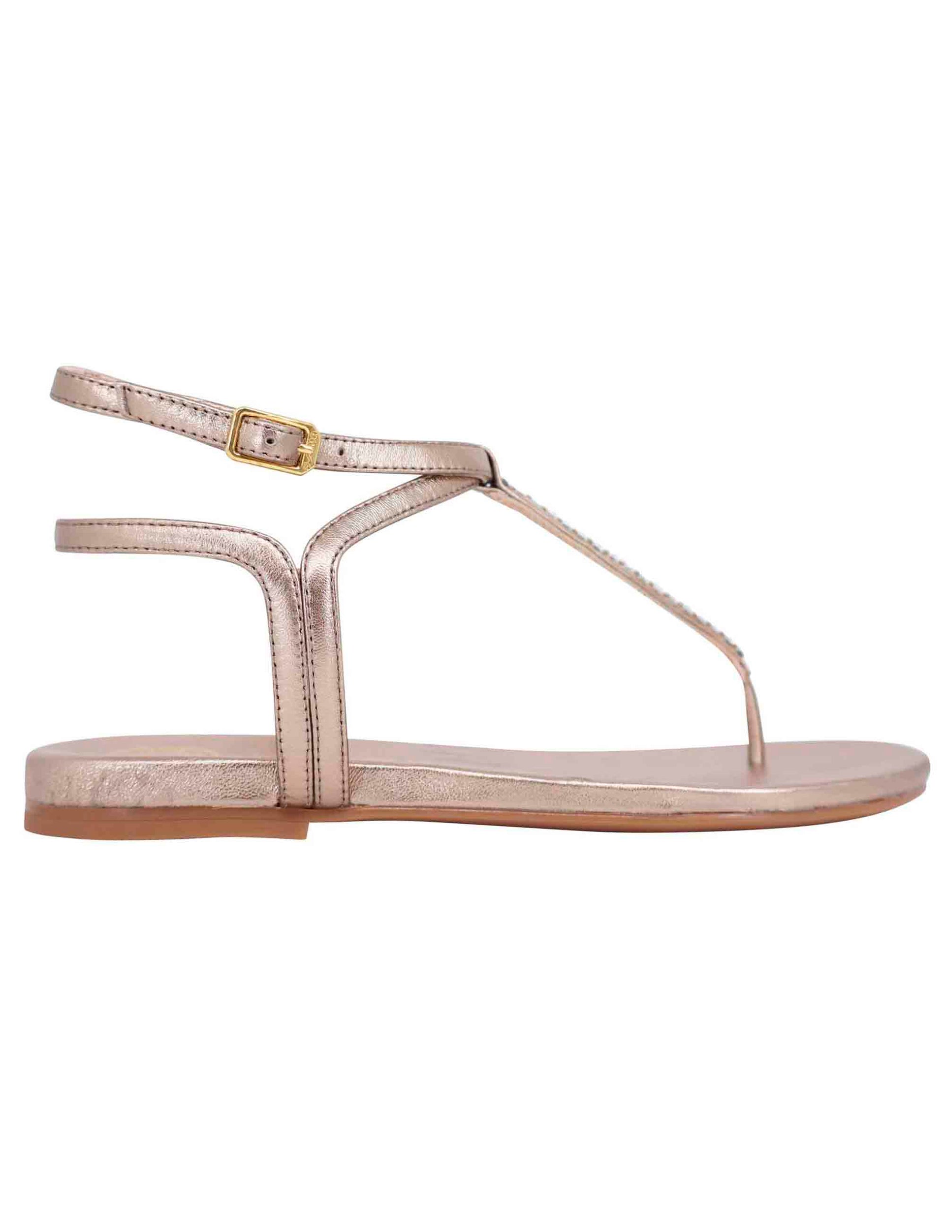 Women's flat flip-flop sandals in bronze laminated leather with double ankle strap