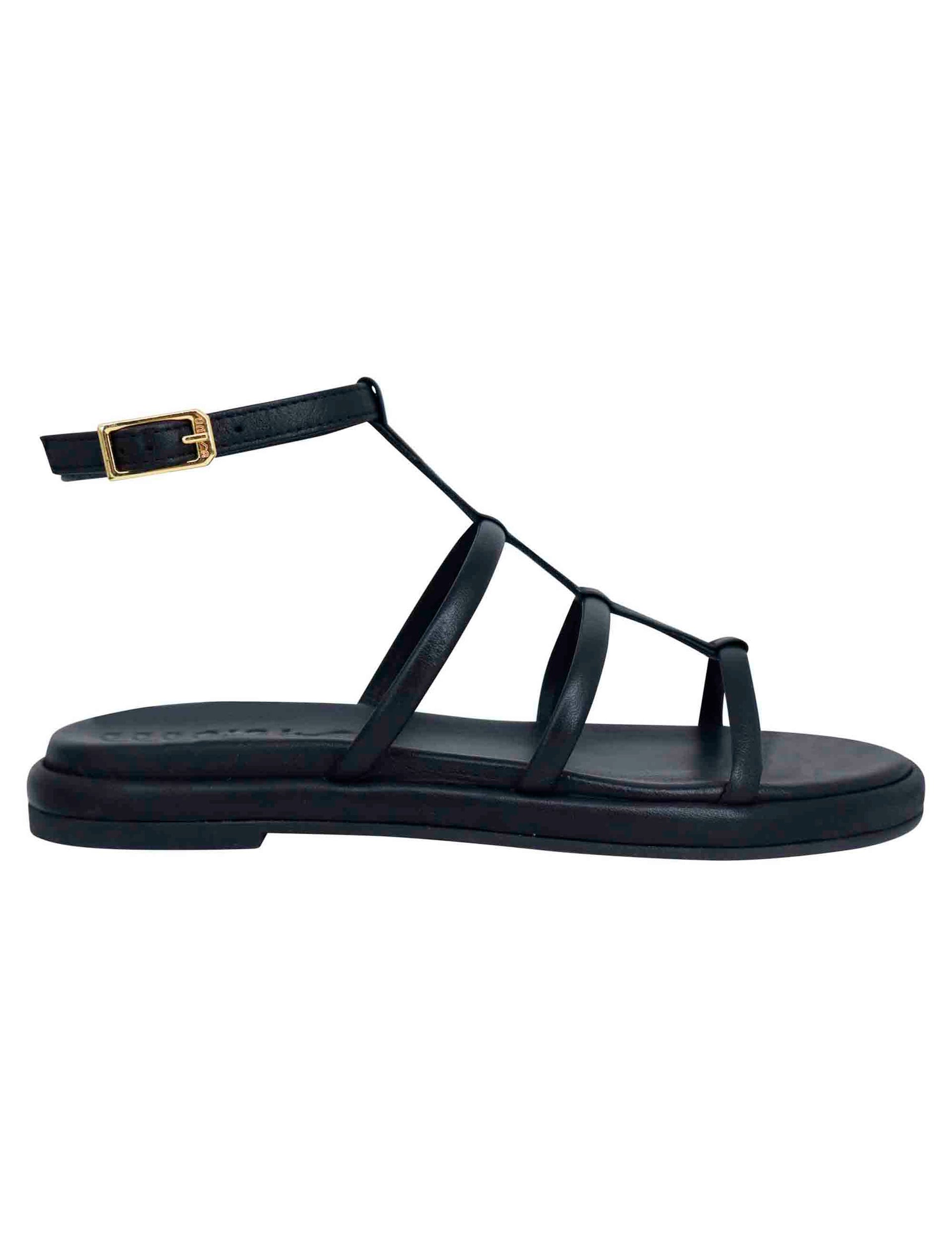 Women's flat sandals in black leather with ankle strap