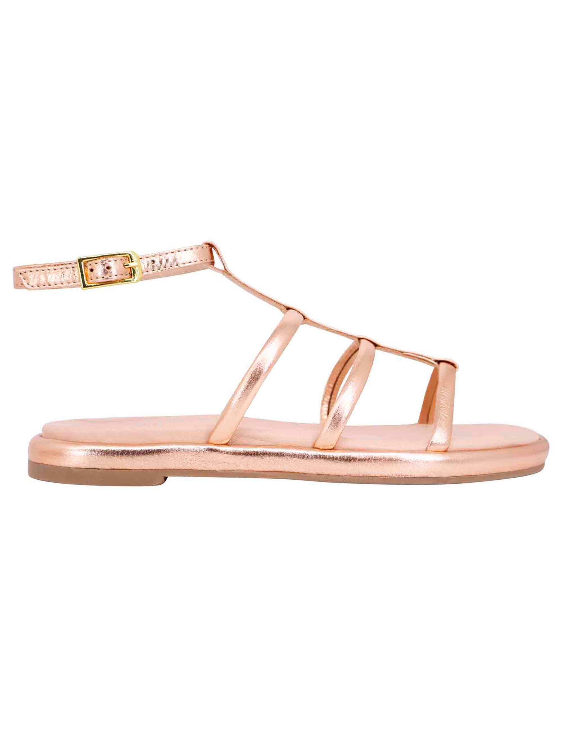 Women's flat sandals in rose gold laminated leather with ankle strap