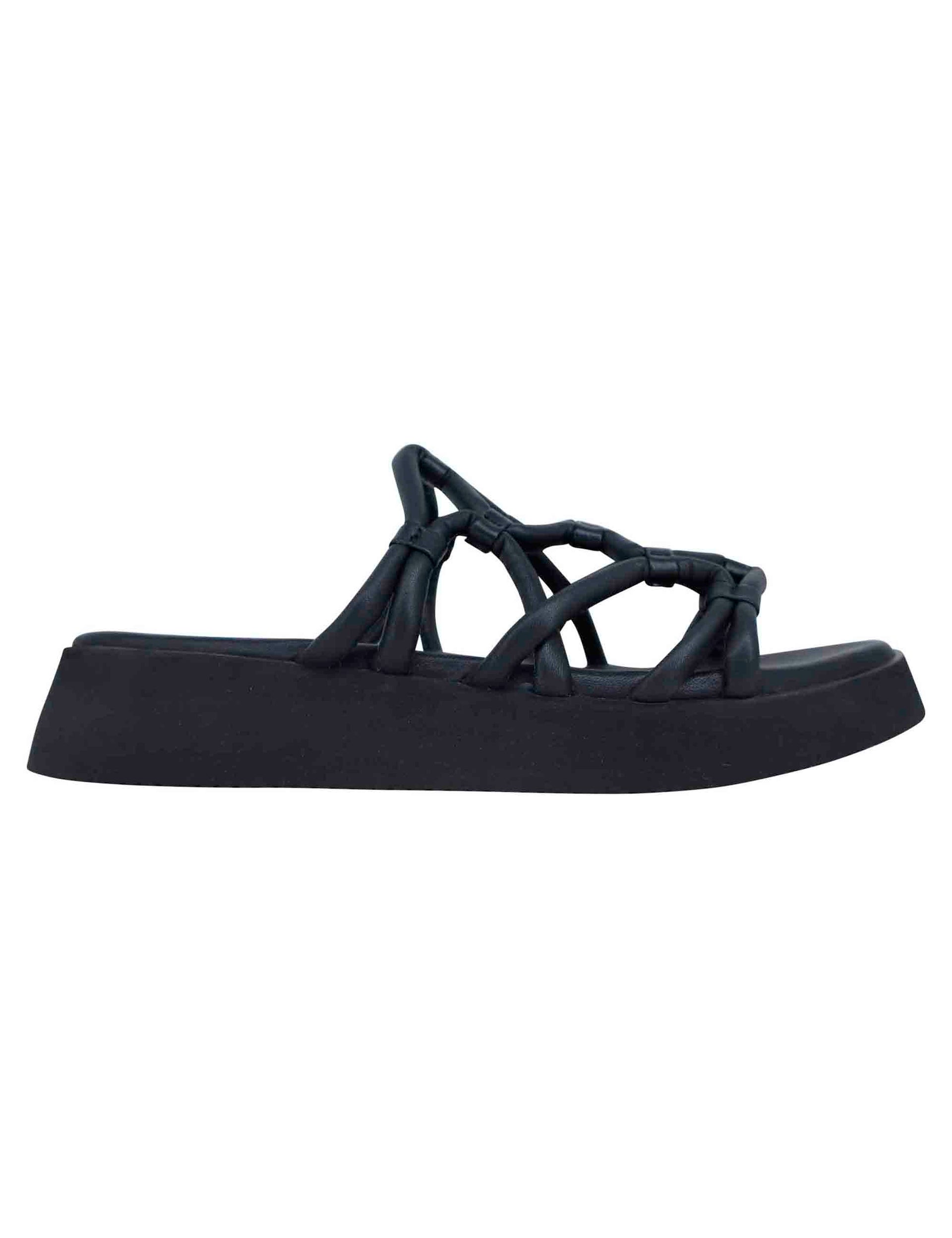 Women's black leather sandals with rubber wedge