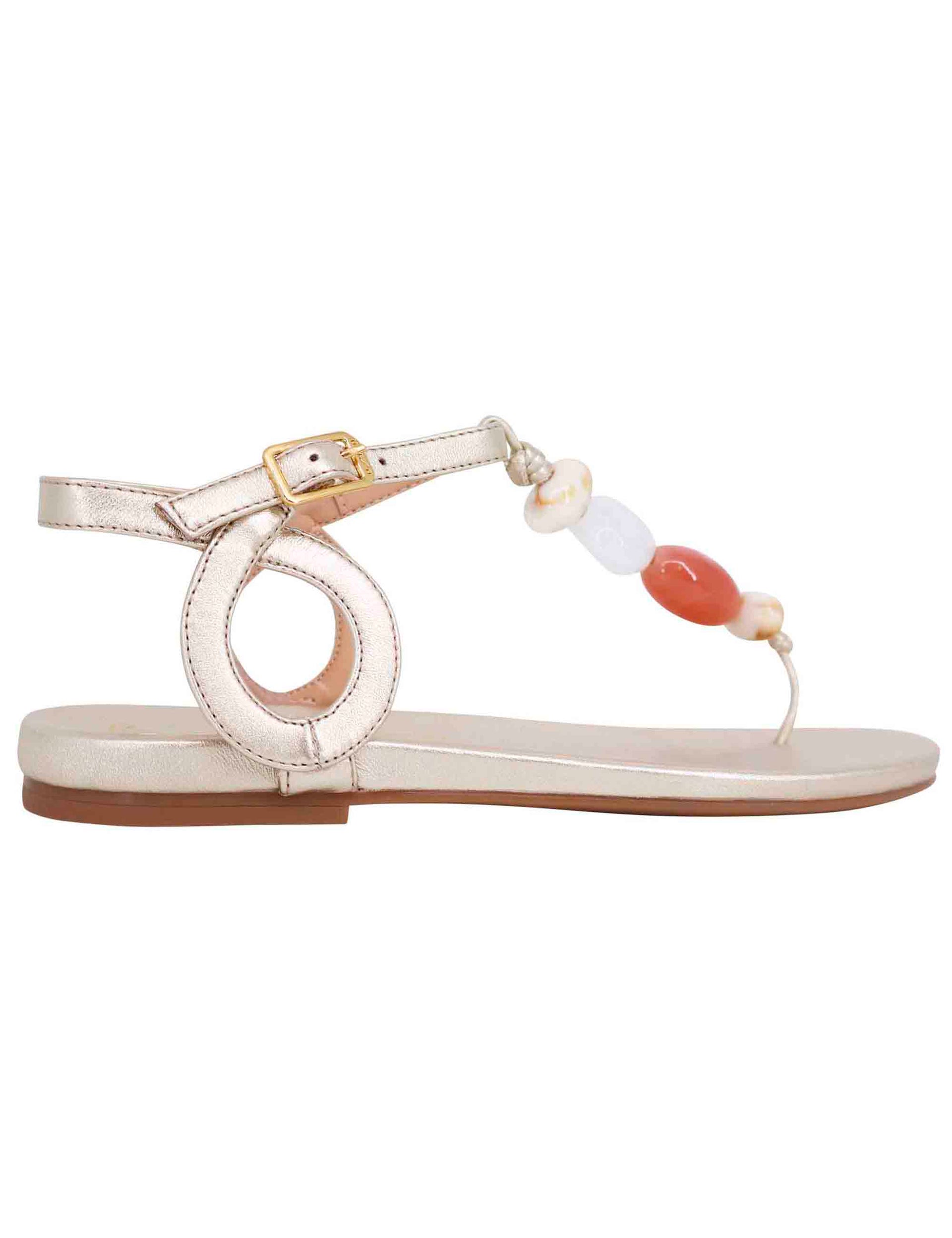 Women's platinum leather thong sandals with ankle strap
