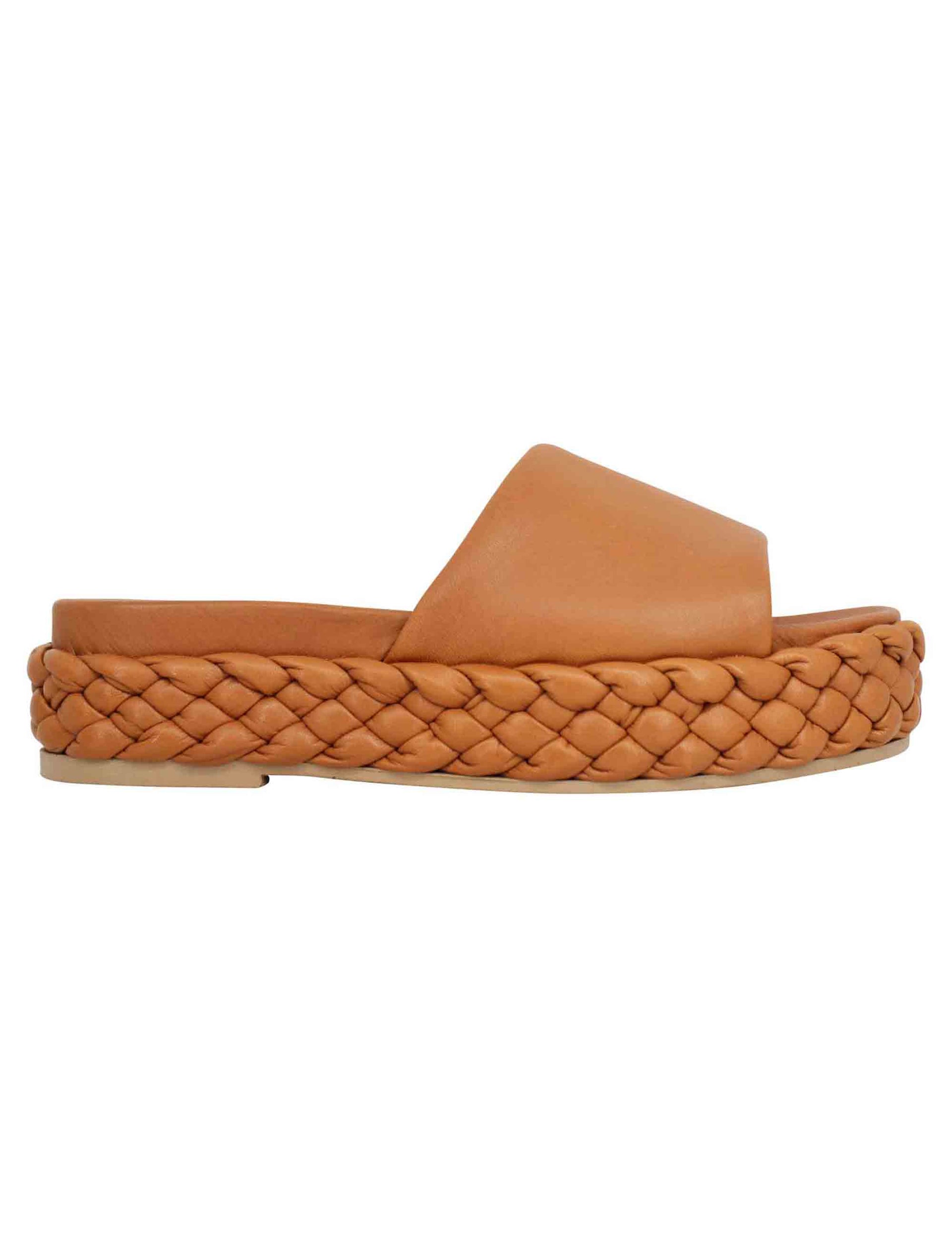Women's tan leather sandals with low braided leather wedge